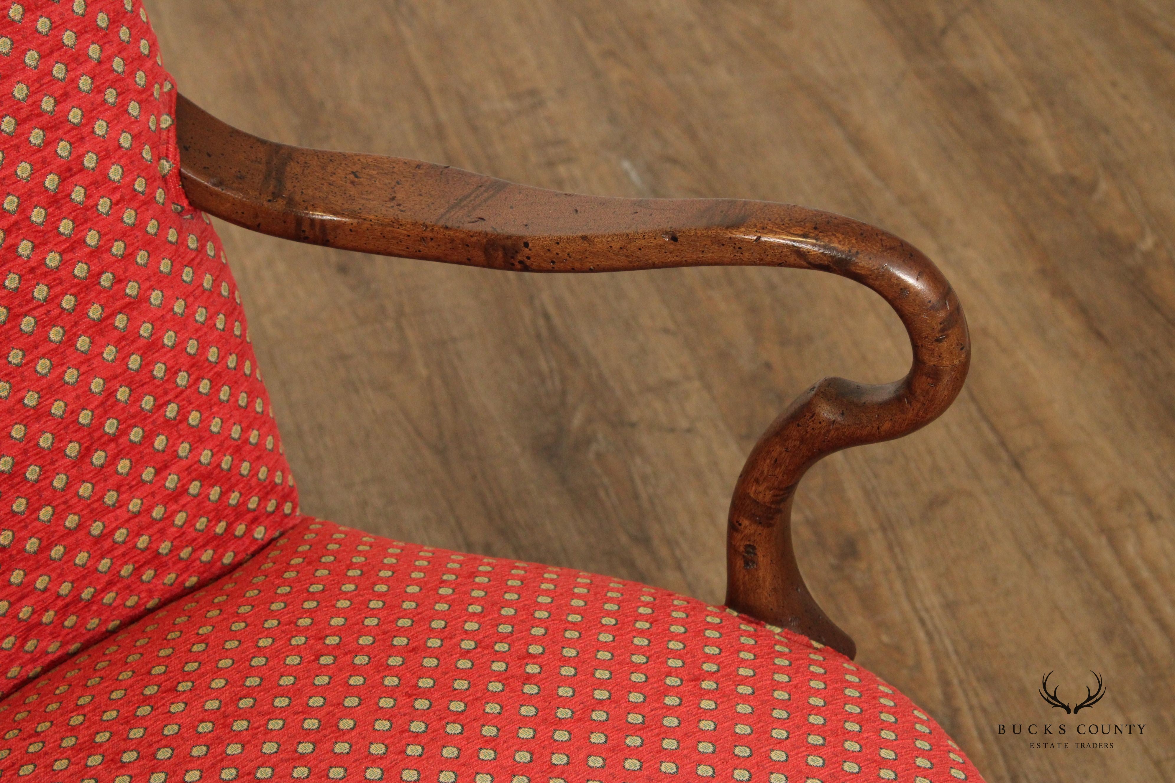 Queen Anne Style Mahogany Shepherd’s Crook Armchair With Custom Upholstery