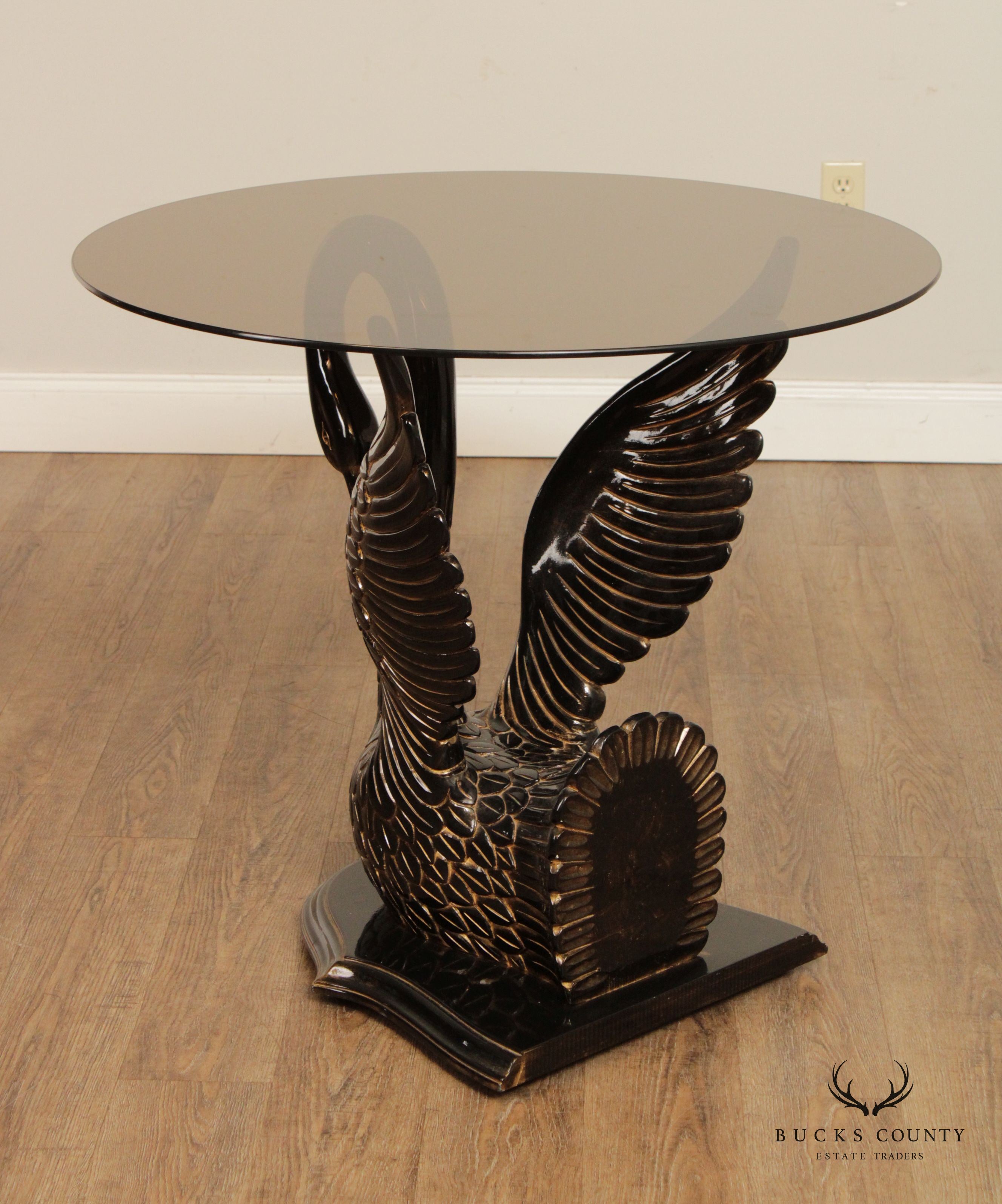 Italian Carved and Painted Wood Black Swan Glass Top Center Table