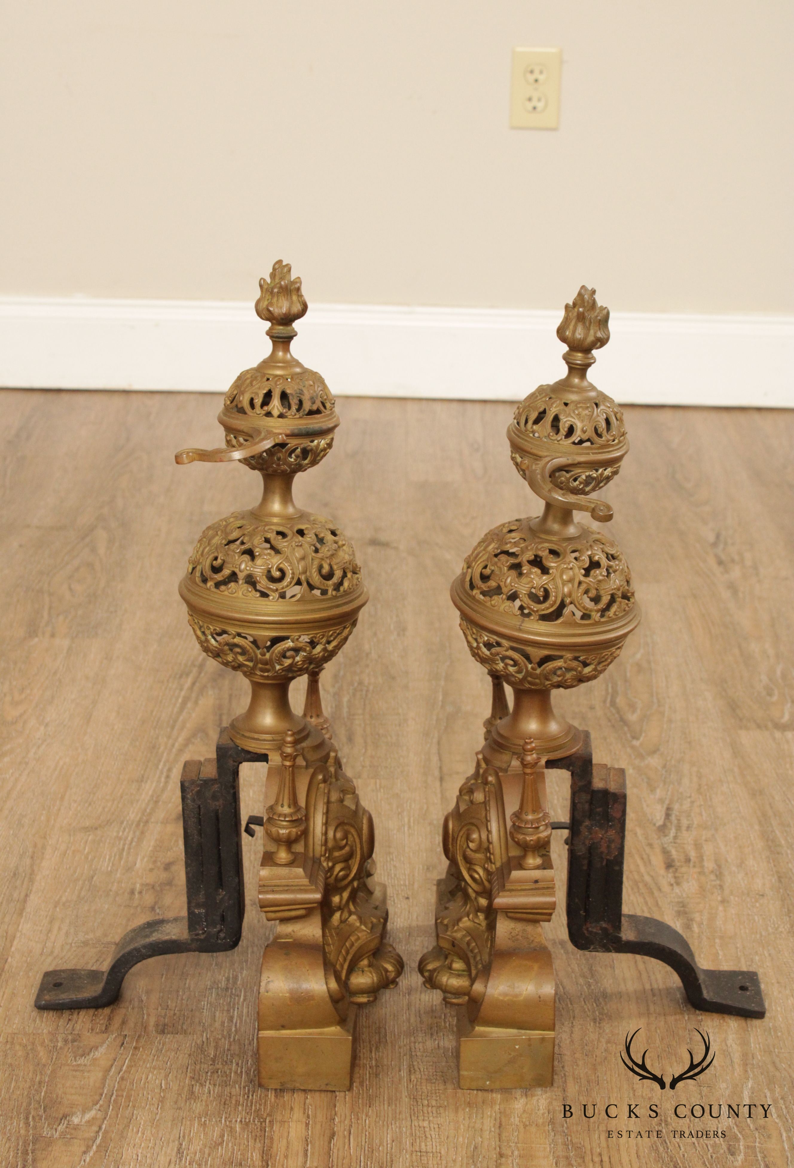 Renaissance Revival Quality Vintage Pair Brass Andirons