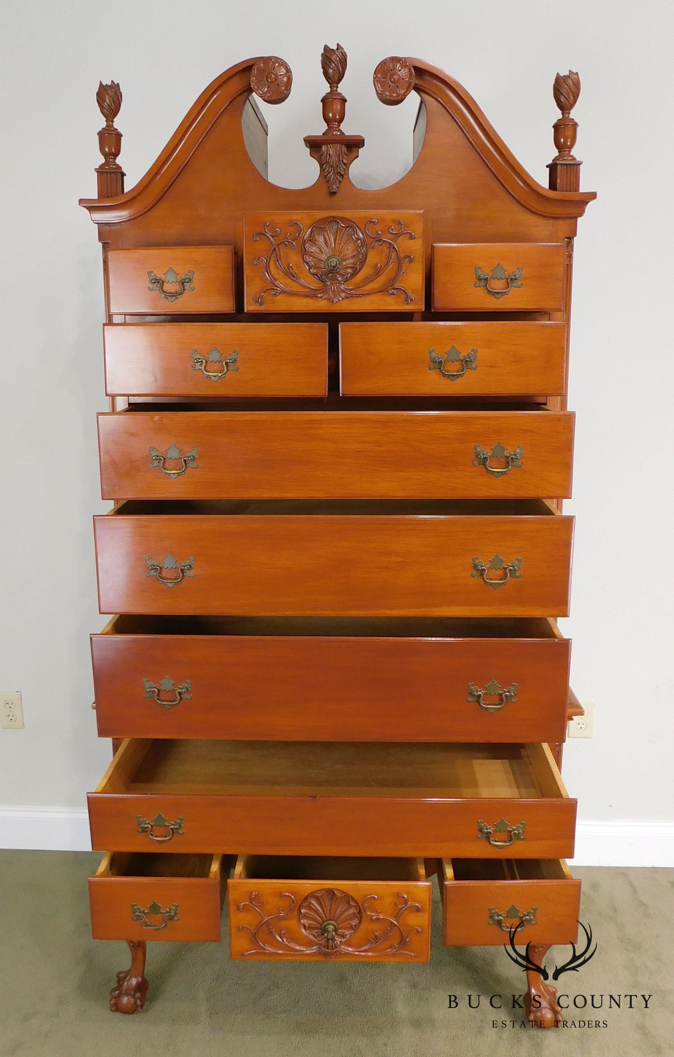 Colonial Craft Cherry Bench Made Chippendale Ball & Claw Bonnet Top Highboy