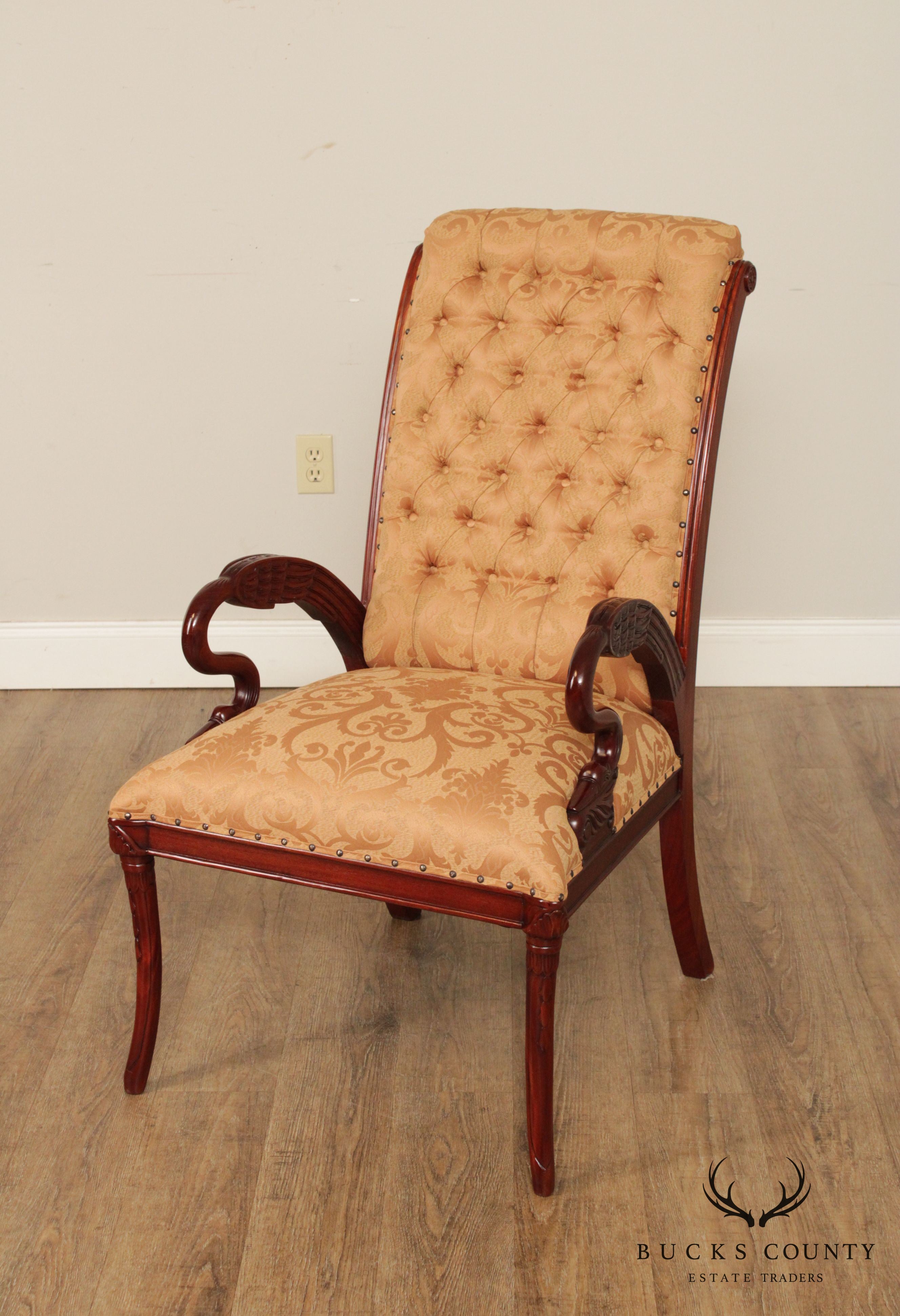 French Regency Style Pair Carved Mahogany Frame Armchairs