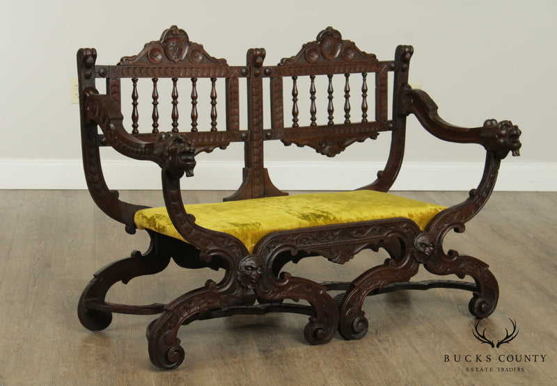 Italian Renaissance Style Antique Carved Double Back Settee