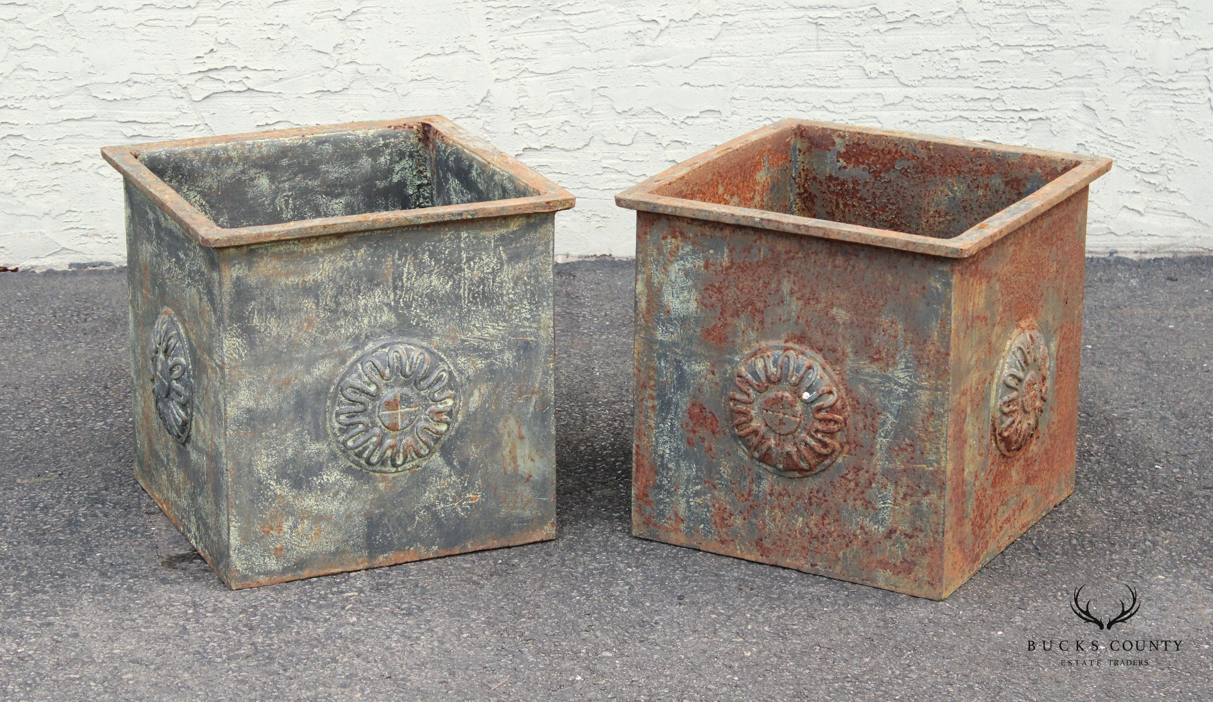 French Industrial Style Pair Of Large Cast Iron Square Garden Planter Box