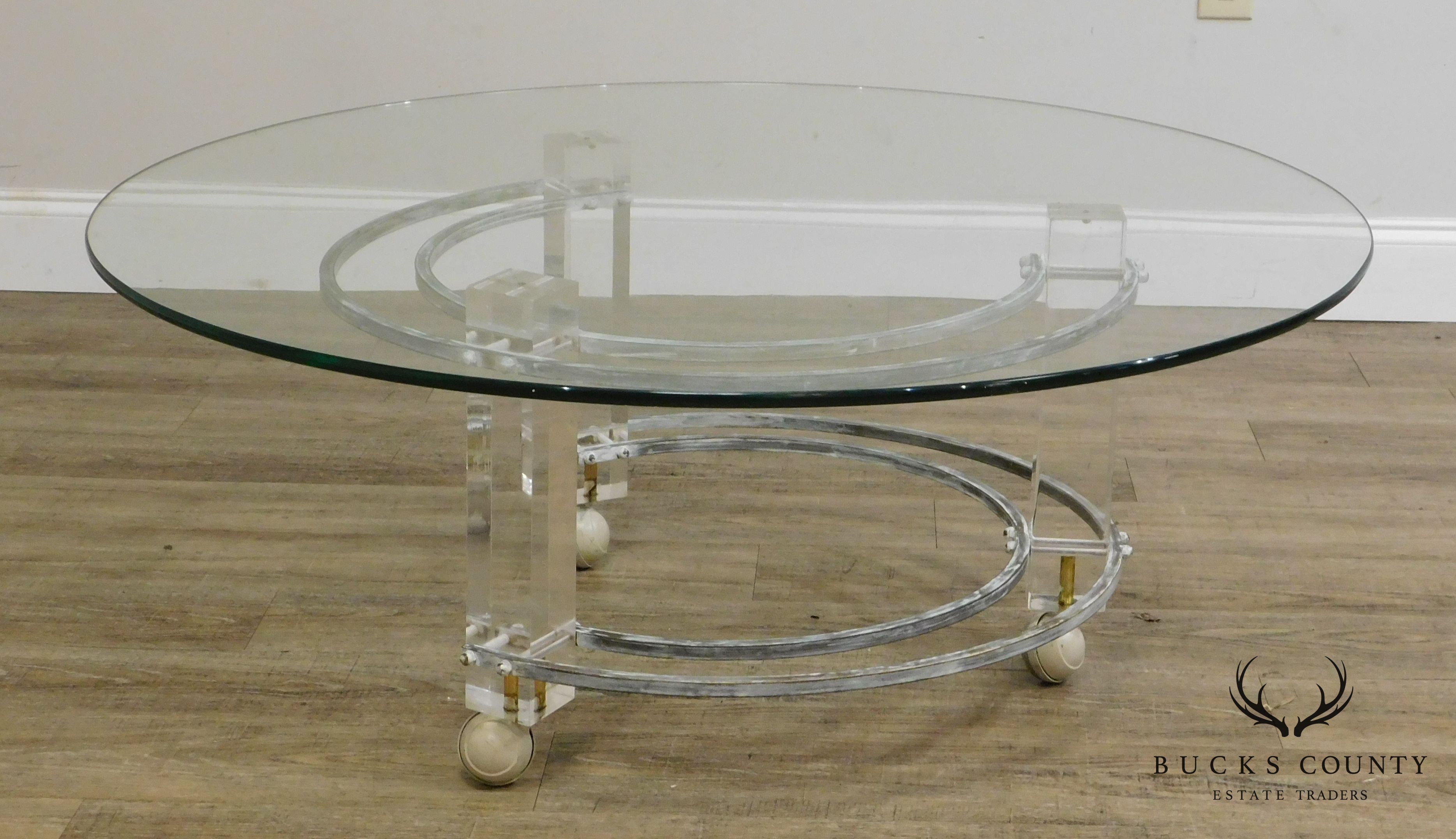 Charles Hollis Jones Mid Century Modern Brass & Lucite Round Glass Top Coffee Table