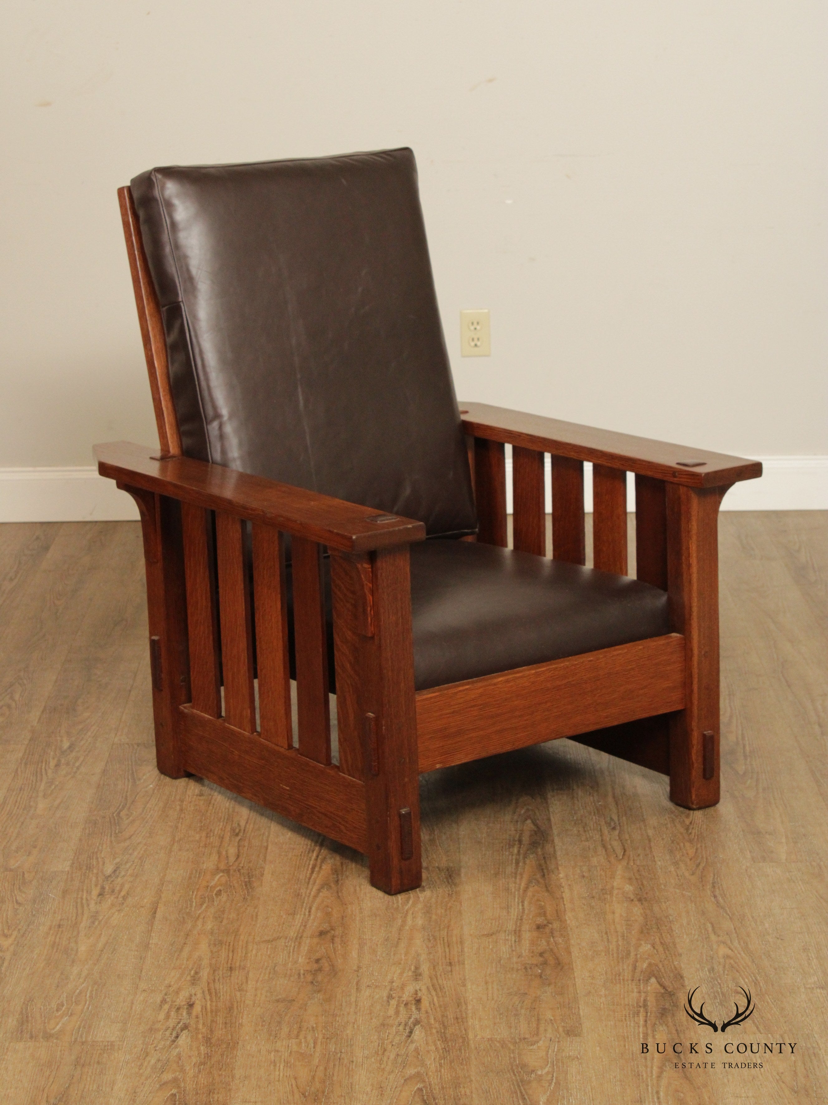 Gustav Stickley Antique Mission Oak and Leather Reclining Morris Chair