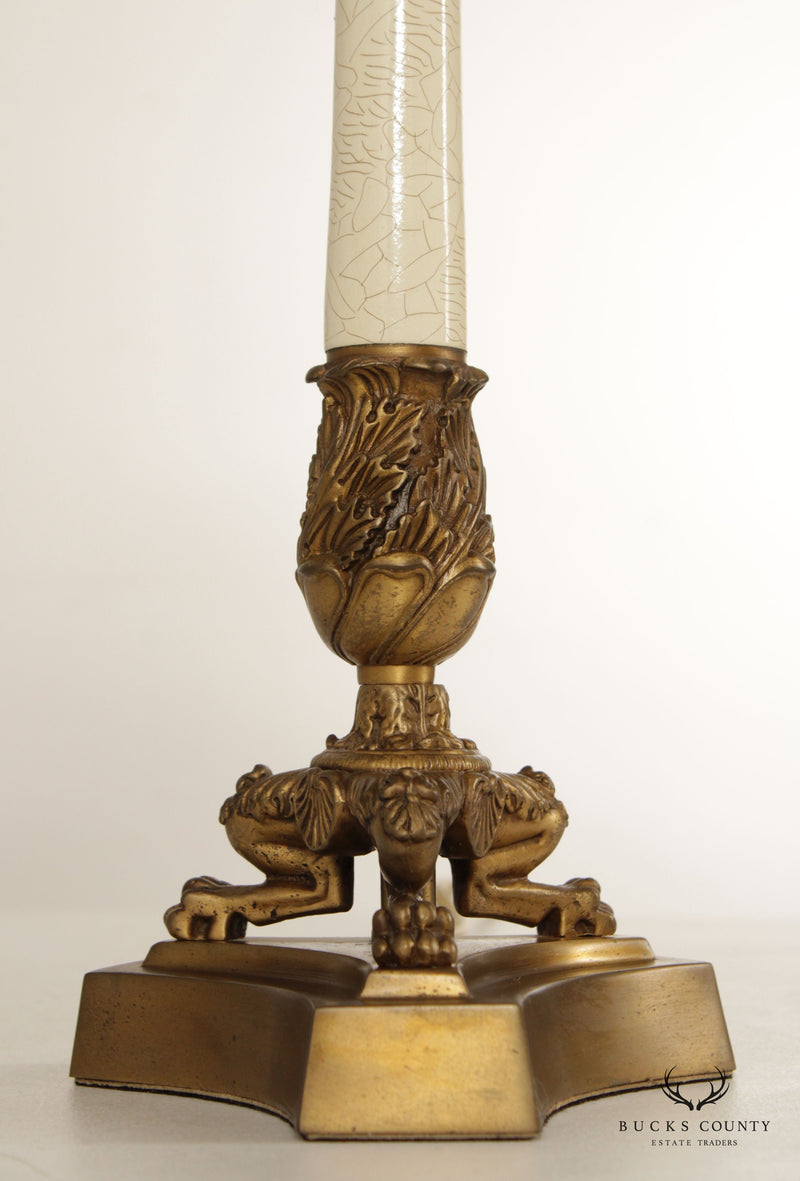 French Neoclassical Style Pair Brass Column Table Lamps