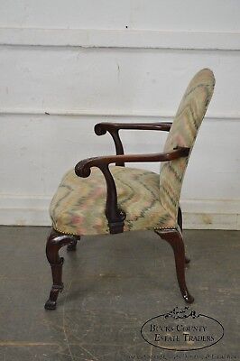 1940s Georgian Style Carved Mahogany Flame Stitch Library Arm Chair