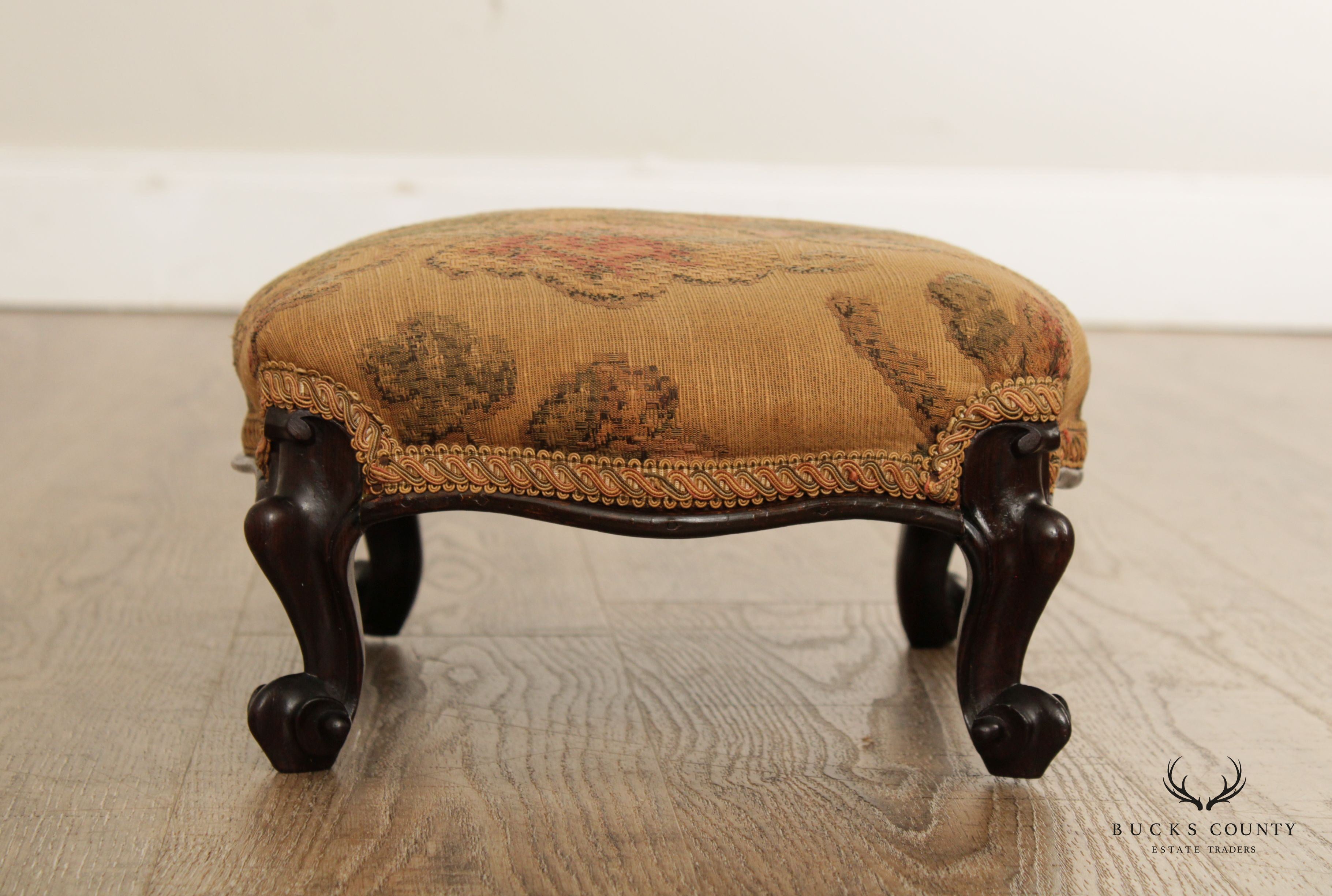 Antique Victorian Carved Rosewood Pair Custom Upholstered Footstools