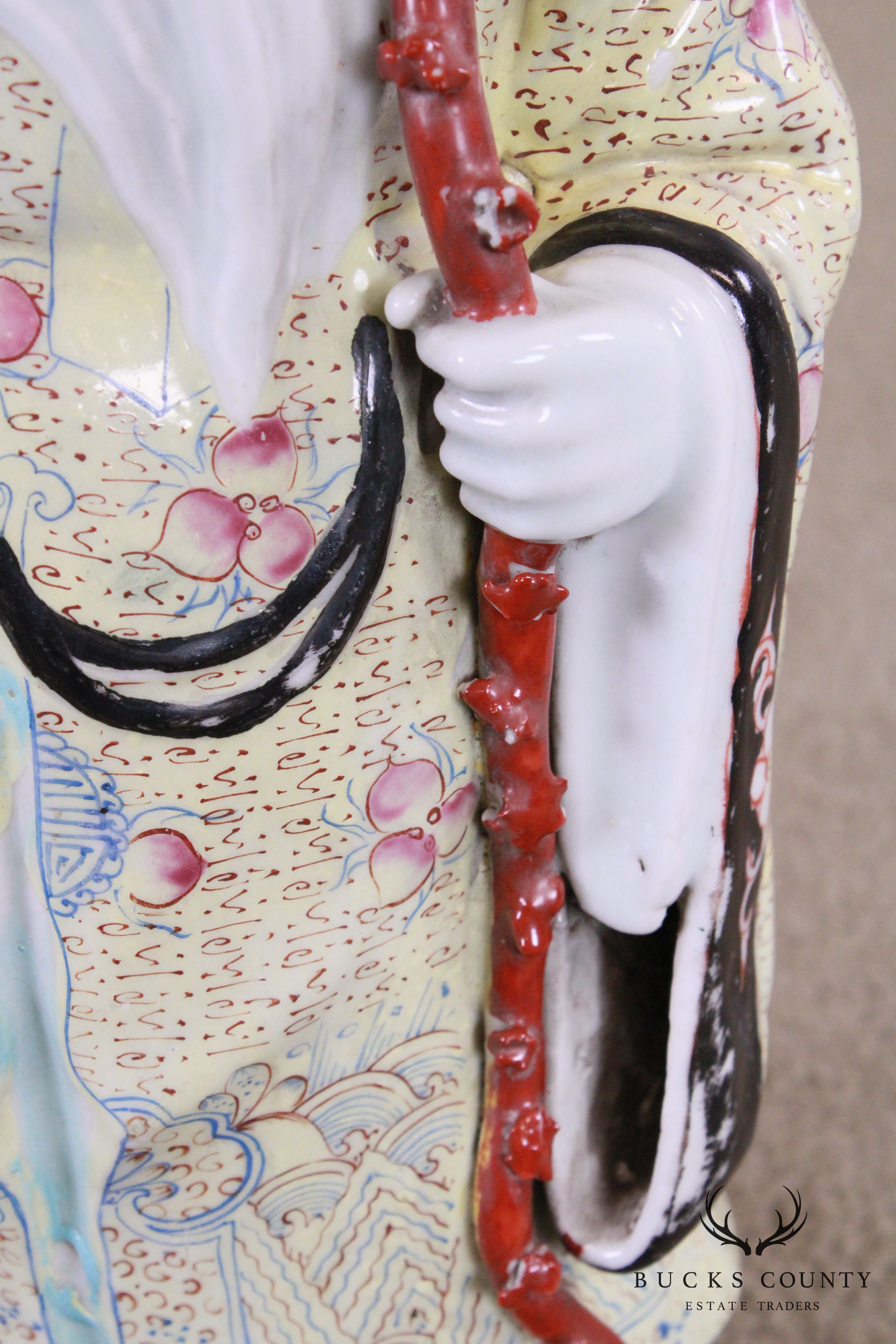 Porcelain Figure Shouxing Chinese God of Longevity Wood Base