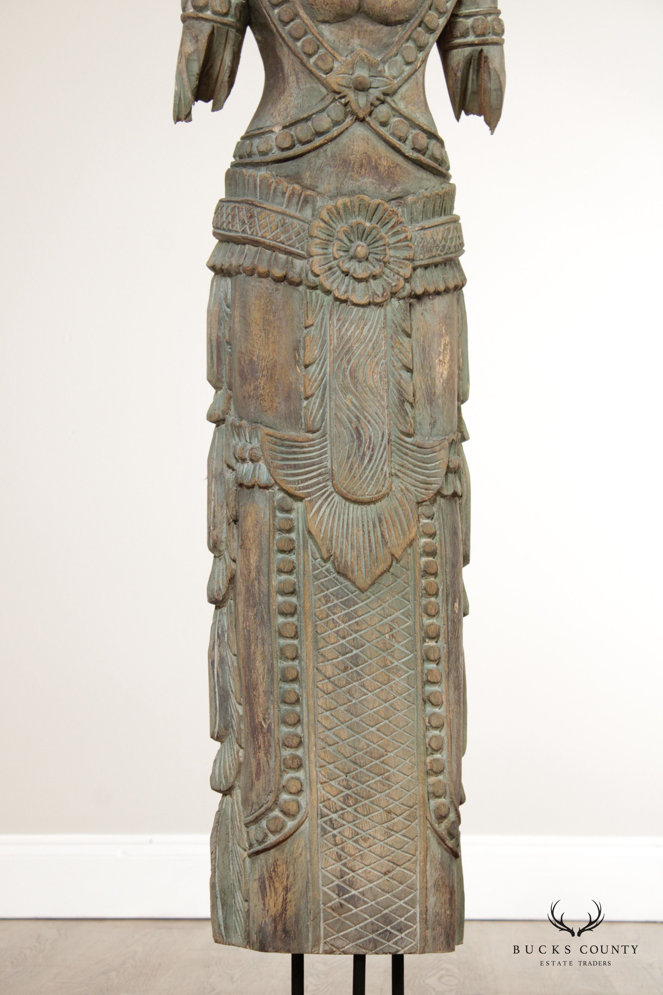 Thai Style Wood Carved Life-Size Standing Goddess