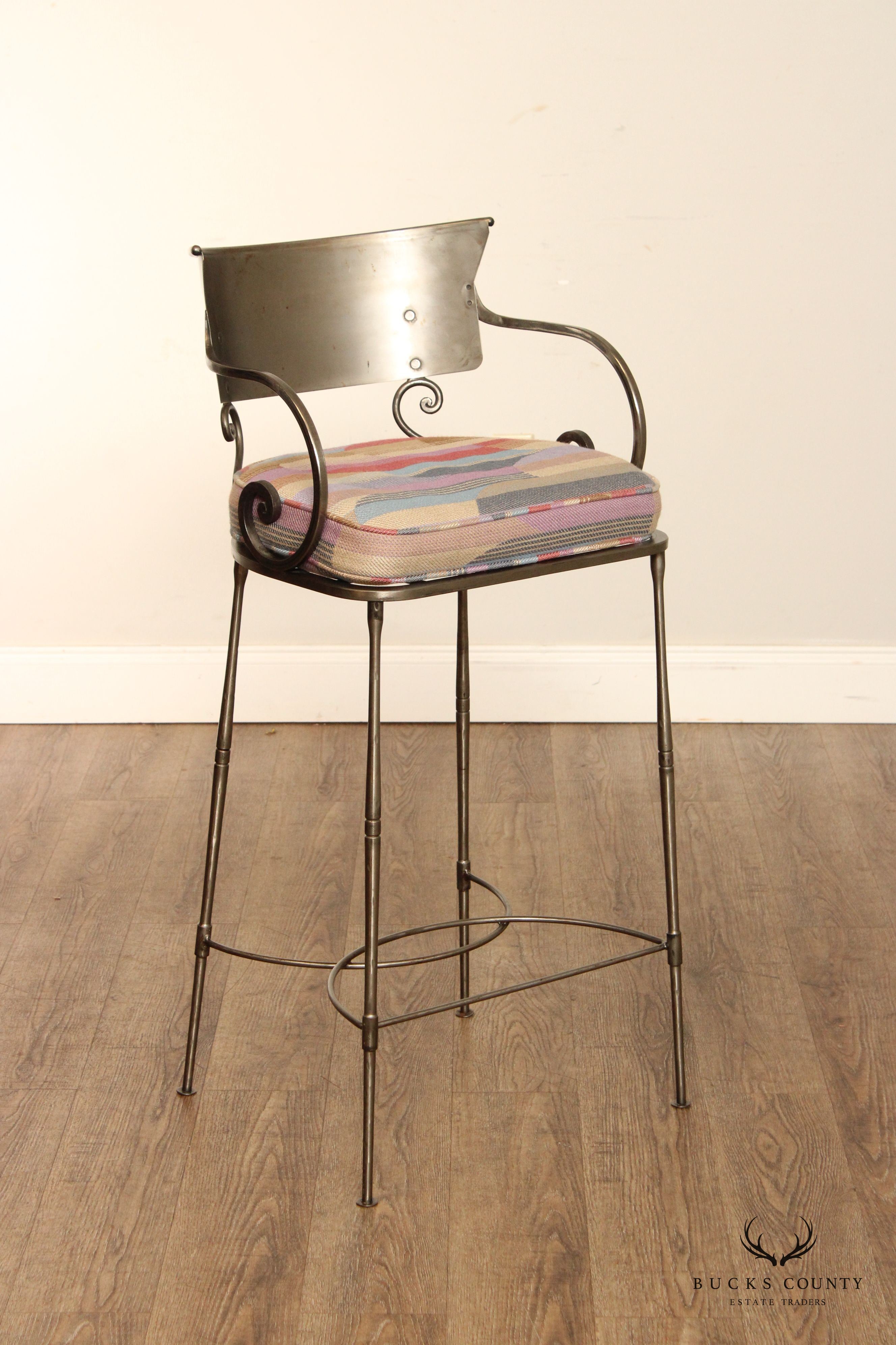 Italian Hollywood Regency Set of Three Steel Bar Stools