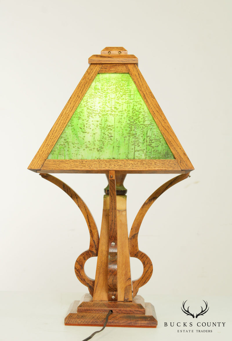 Mission Arts & Crafts Vintage Oak Slag Glass Table Lamp