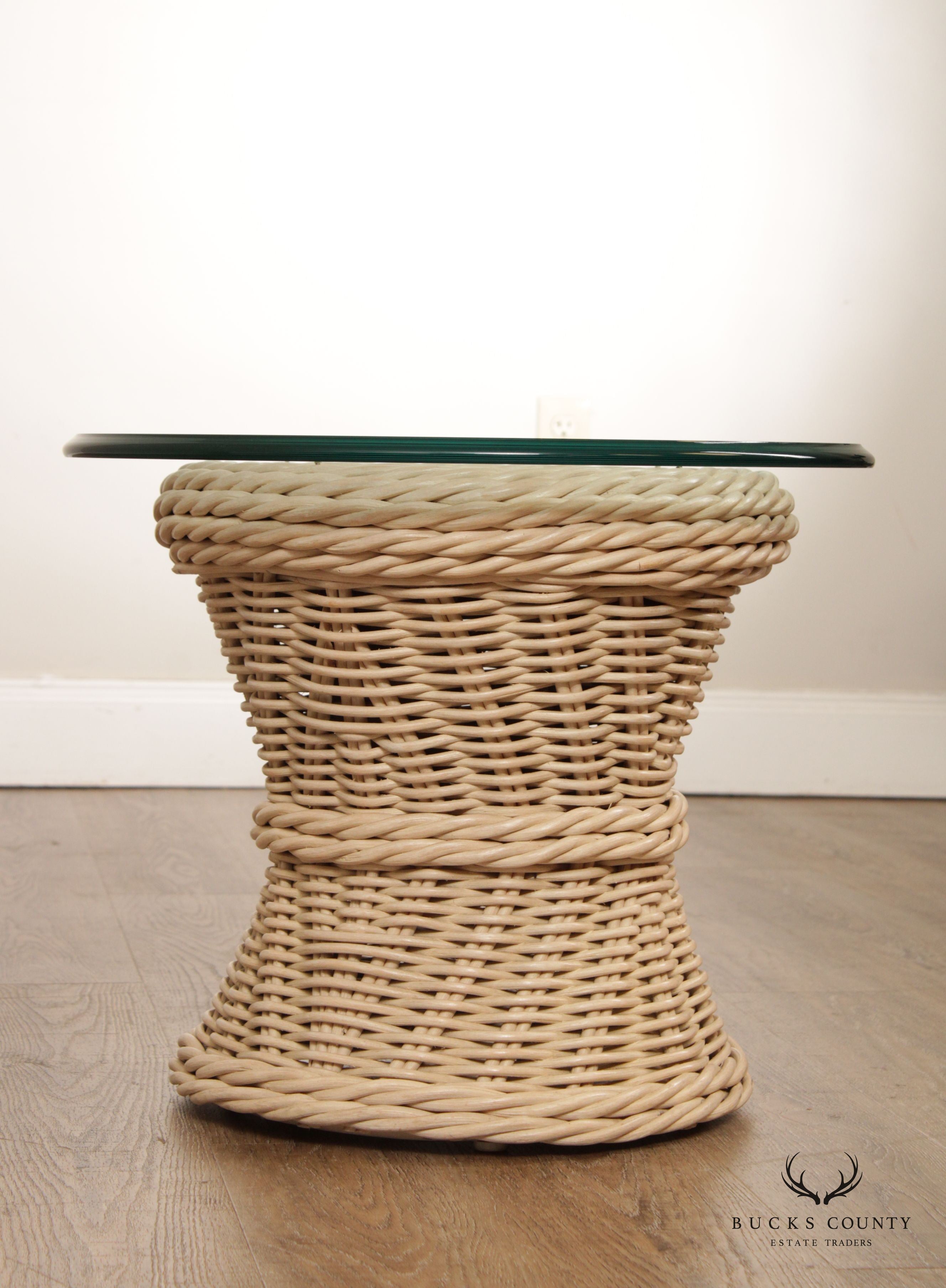 Quality Vintage Round Wicker Rattan Glass Top Side Table