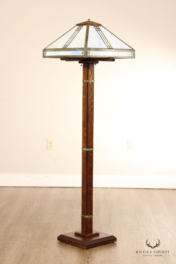 Warren Hile Studio Mission Style Oak and Leaded Glass Floor Lamp