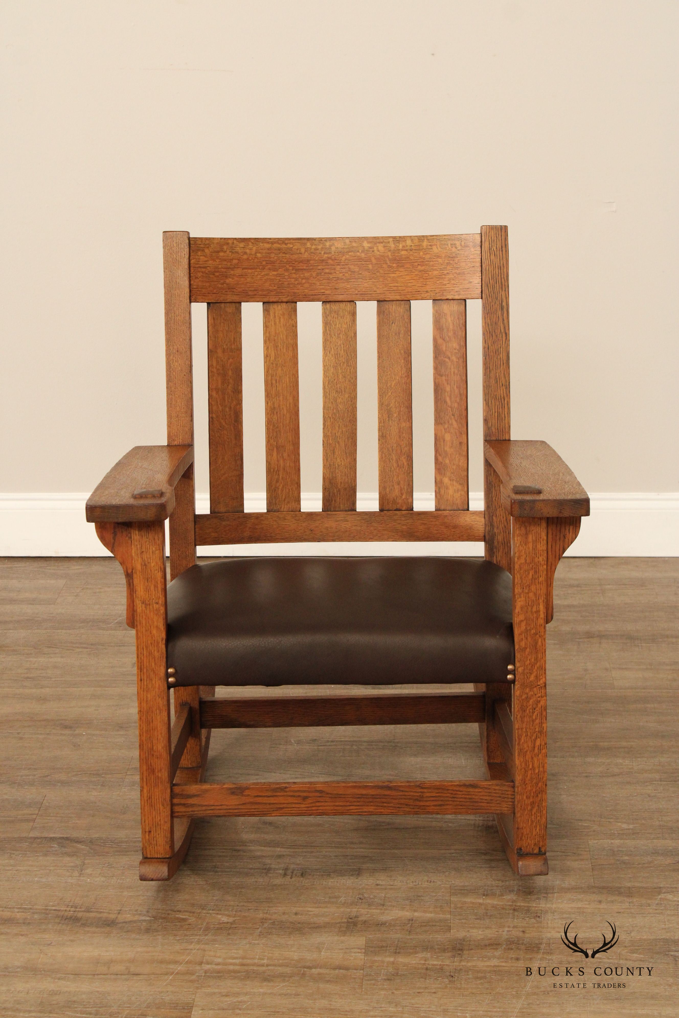 Antique Mission Oak and Leather Rocking Chair