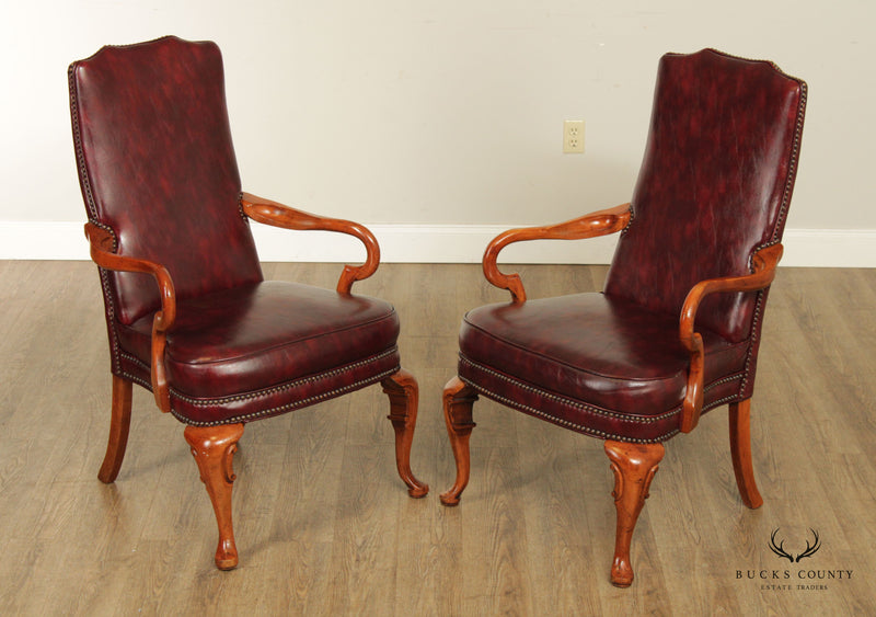 Queen Anne Style Pair of Leather Armchairs