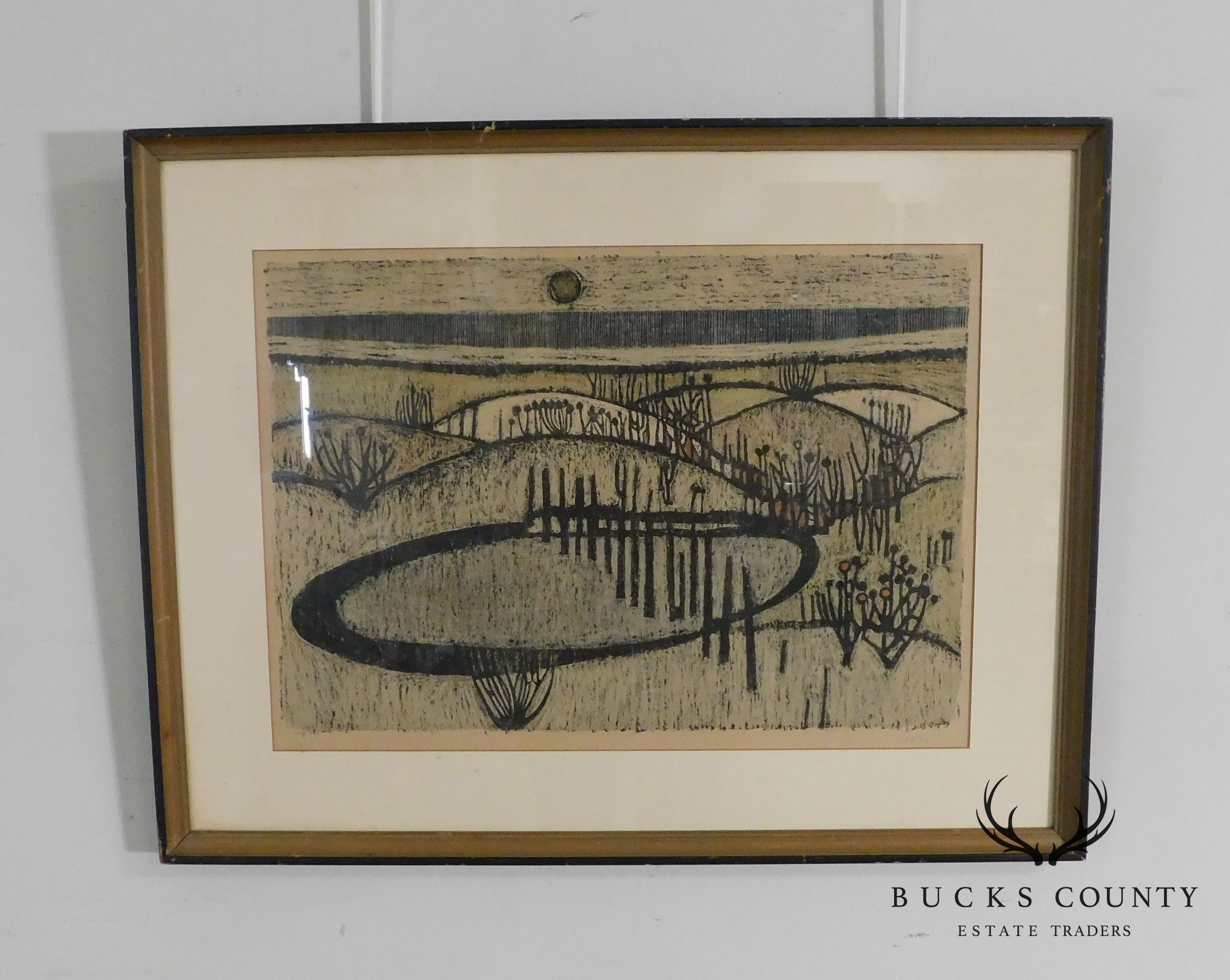 Mid Century Abstract Landscape Woodblock Print