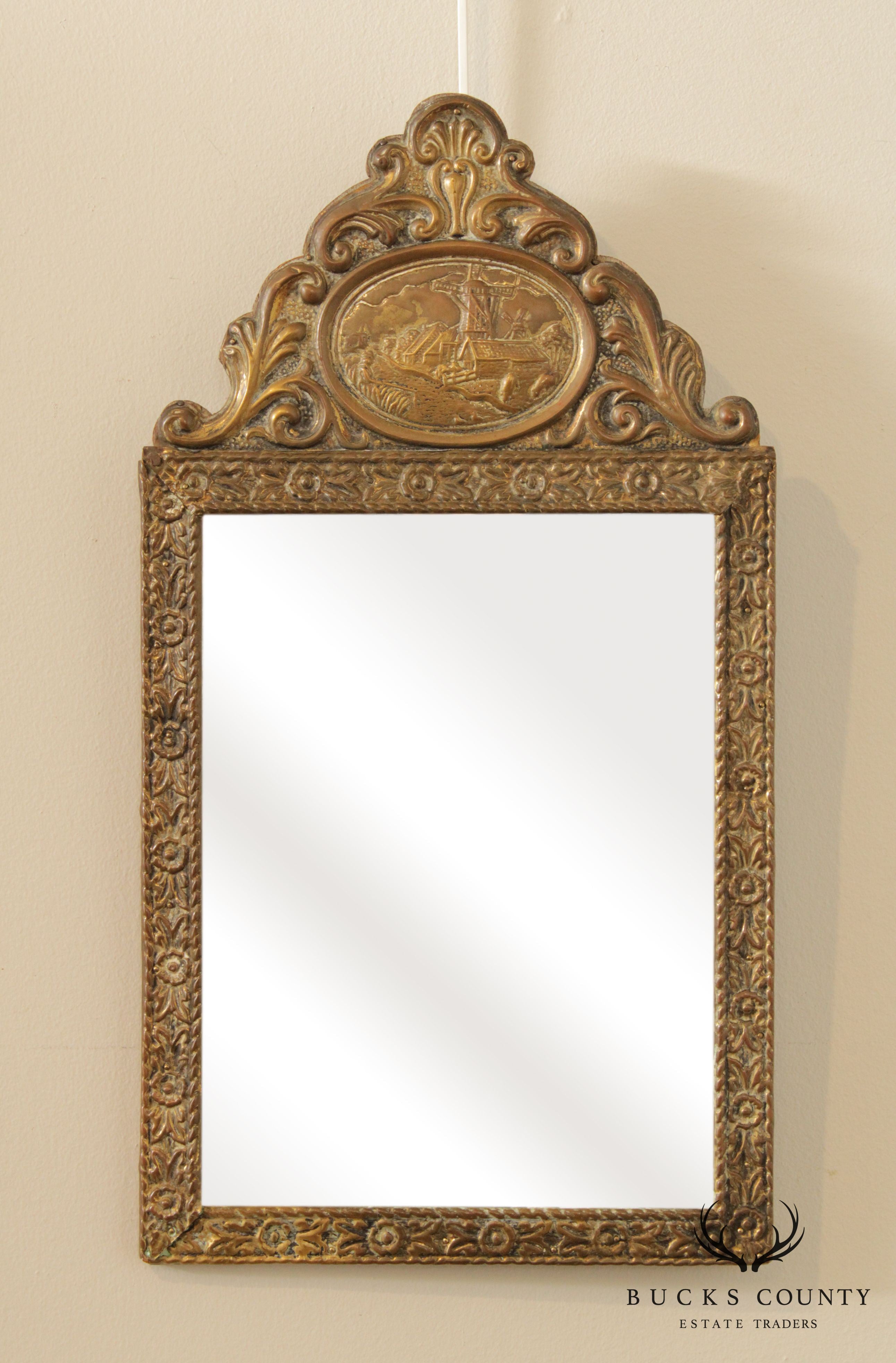 Antique French Repousse Brass Beveled Mirror