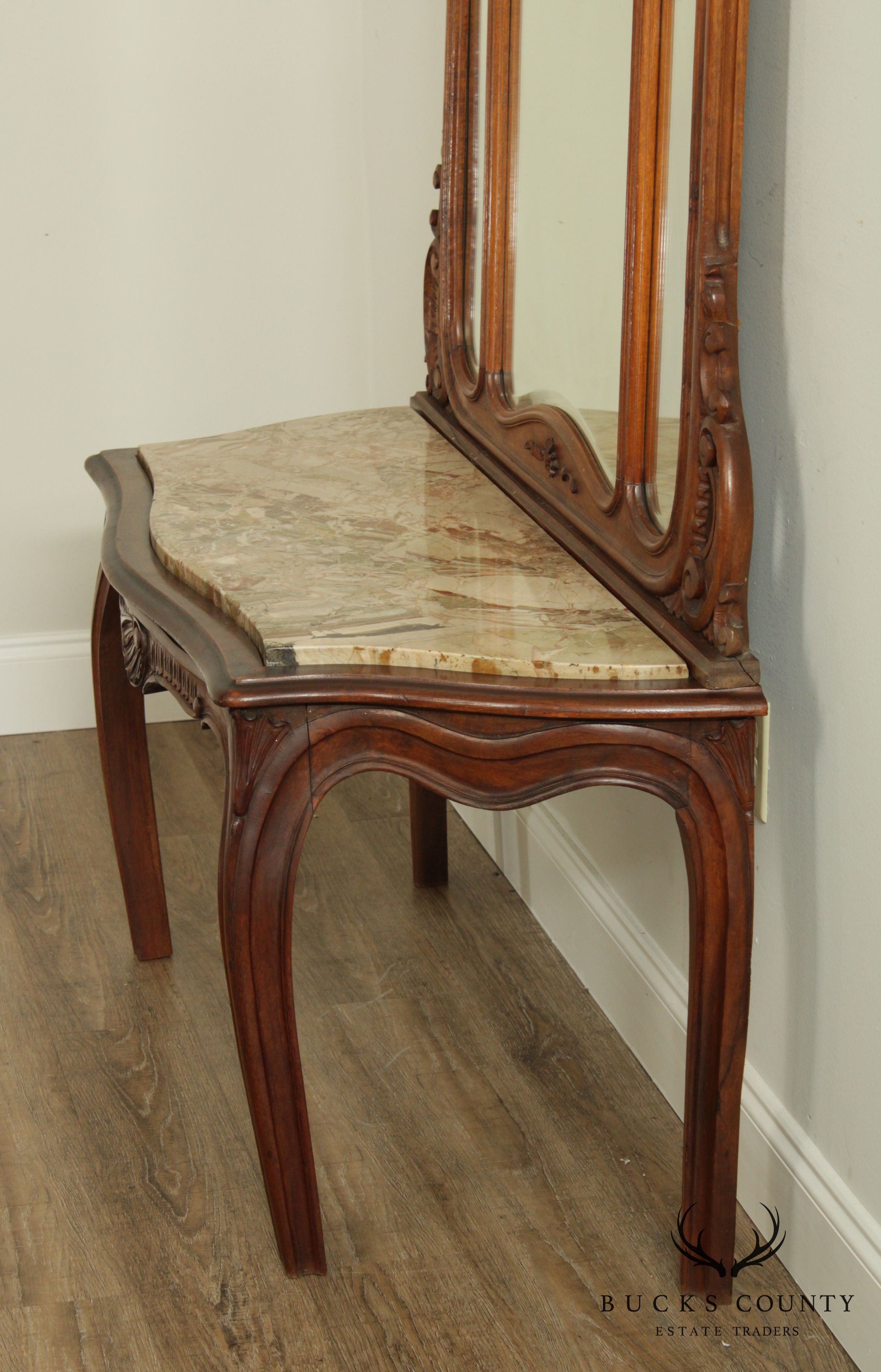 French Louis XV Style Antique Marble Top Pier Table with Large Carved Mirror