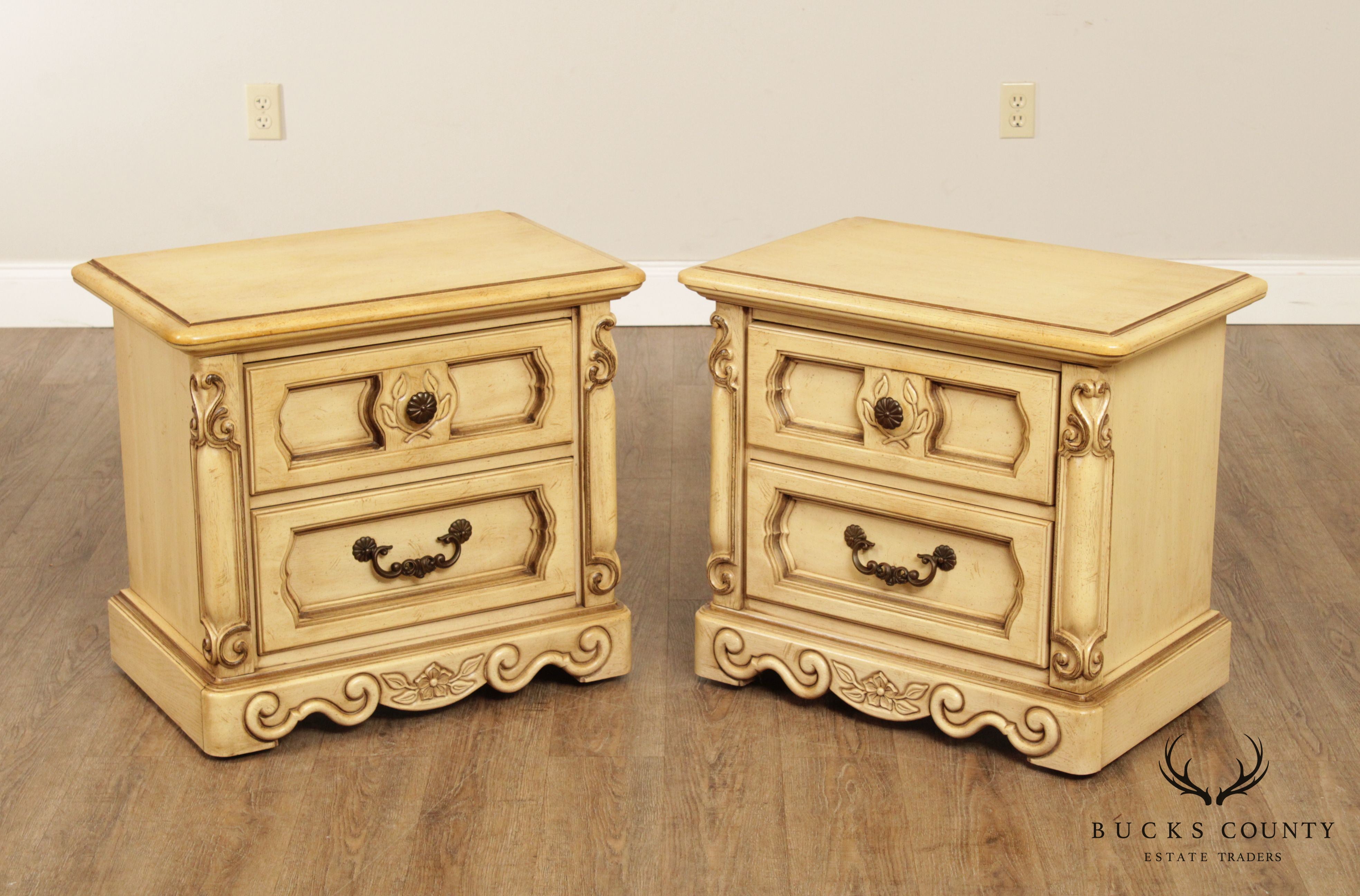 Basic Witz Vintage French Provincial Style Pair of Cream Painted Two Drawer Nightstands