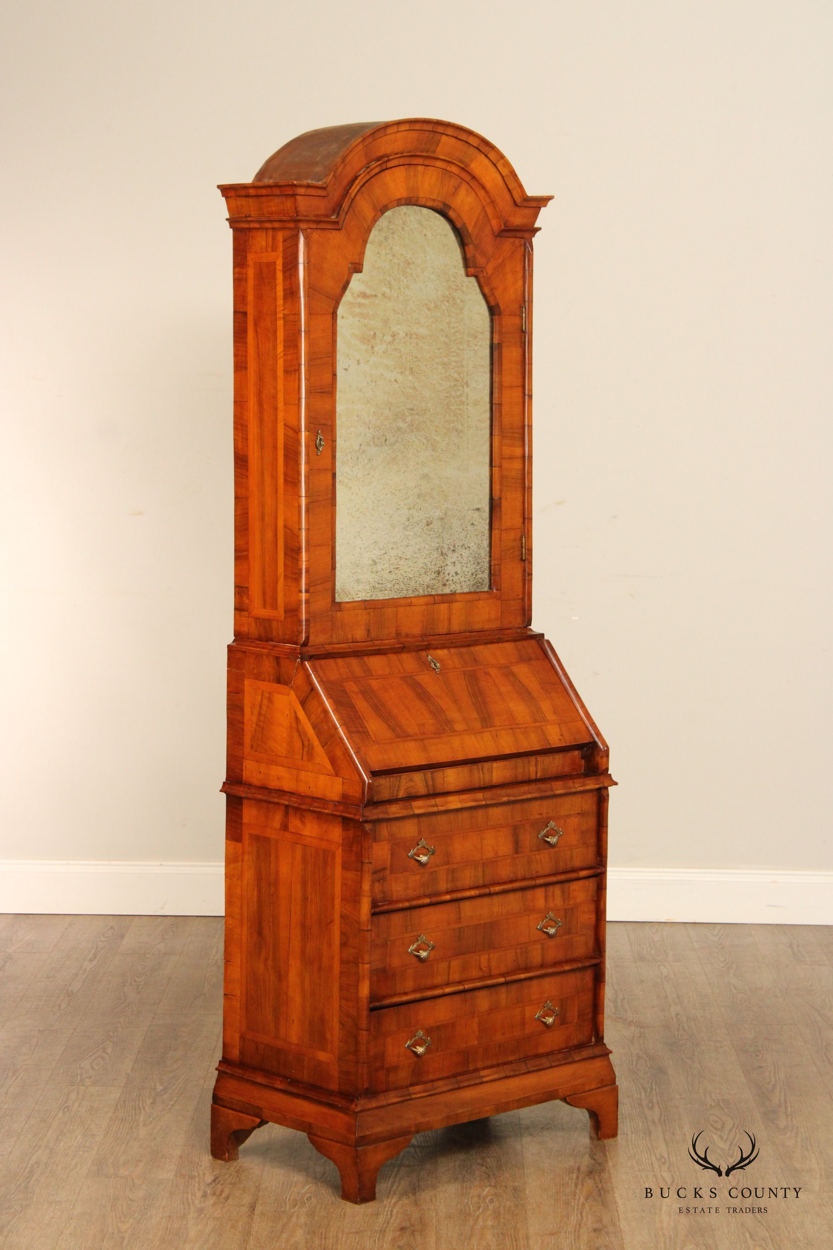 Antique Italian Burl Walnut Mirrored Secretary Desk