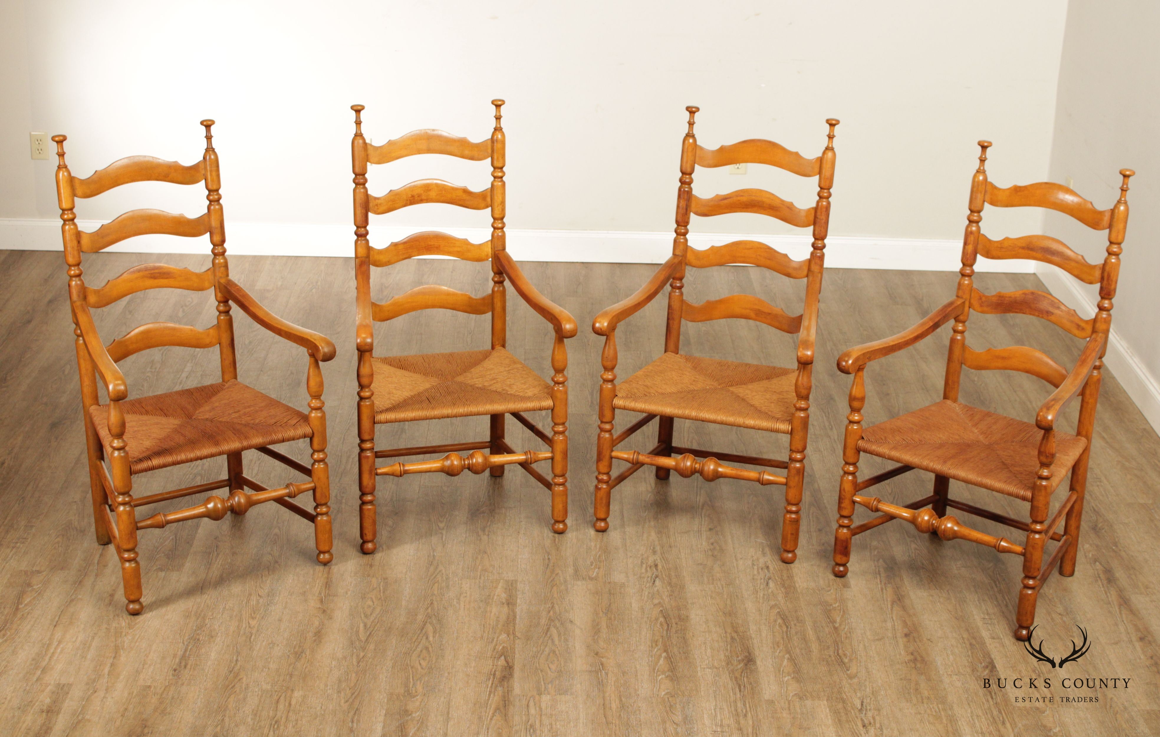 Antique Set of Four Delaware Valley Ladderback Rush Seat  Armchairs