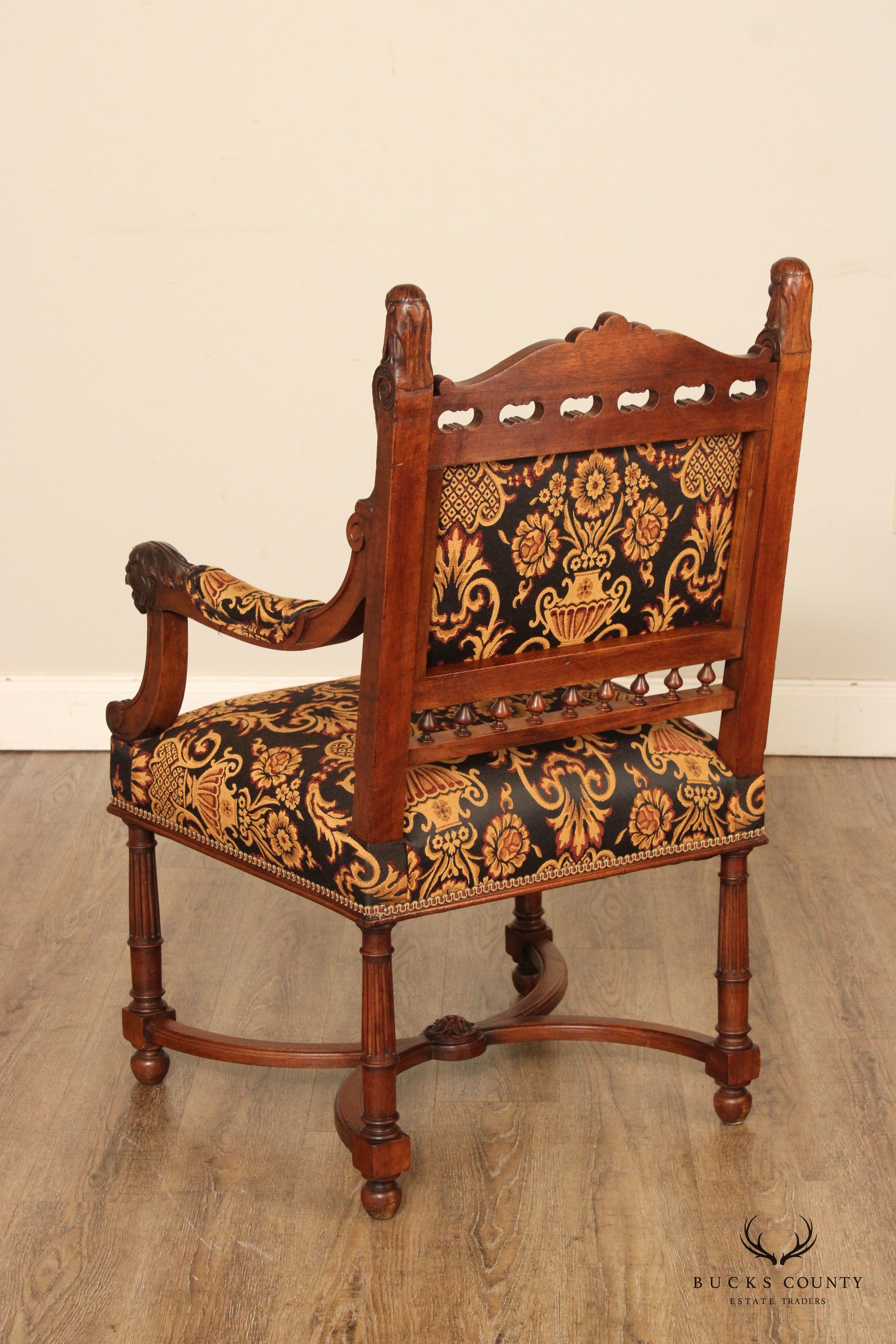 Antique French Renaissance Revival Style Carved Walnut Throne Armchair