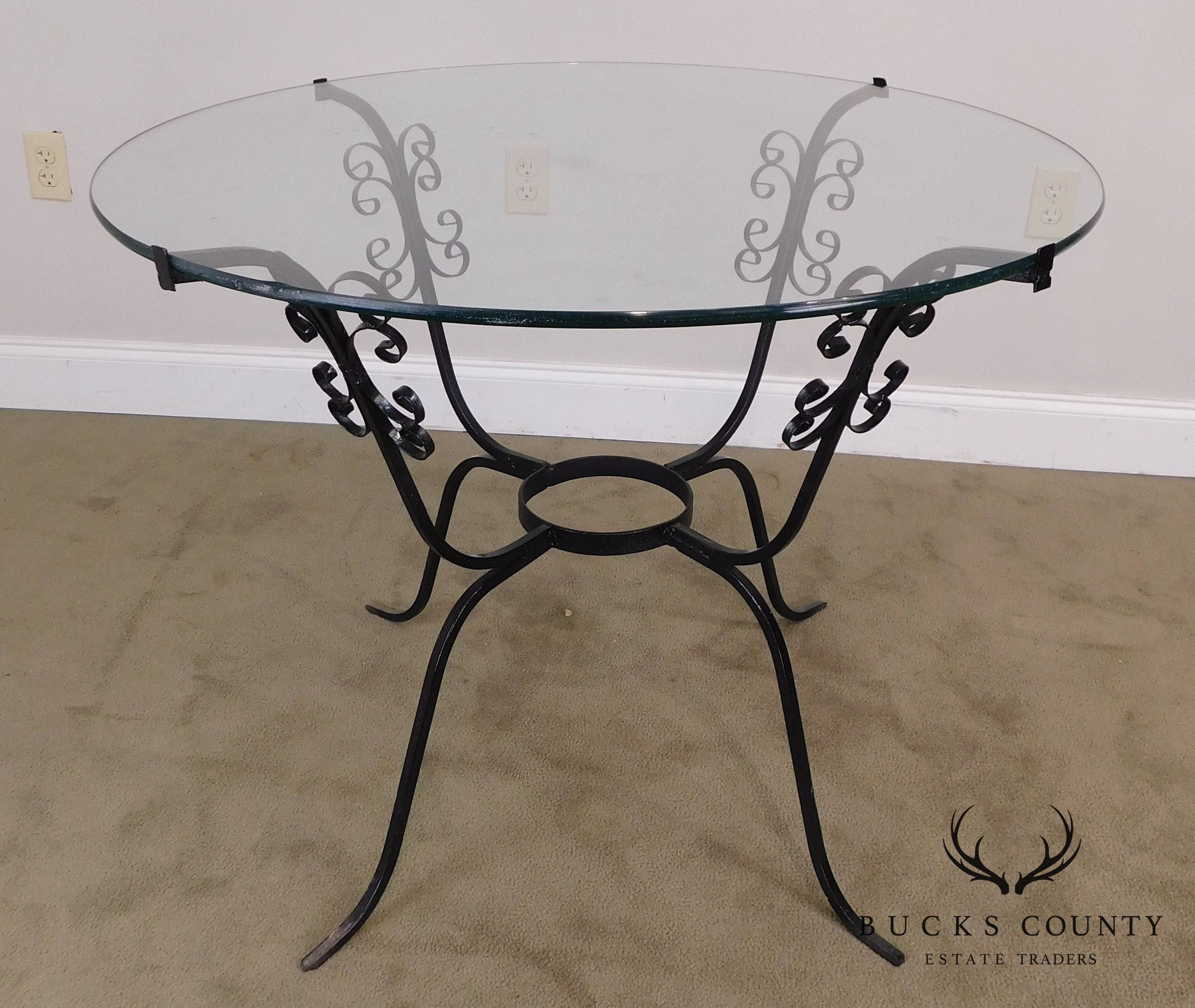 Vintage Black Scrolled Wrought Iron Round Glass Top Table