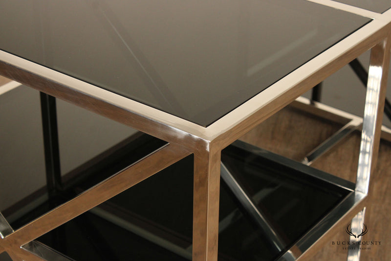 Contemporary Chromed and Smoked Glass X-Base Executive Desk