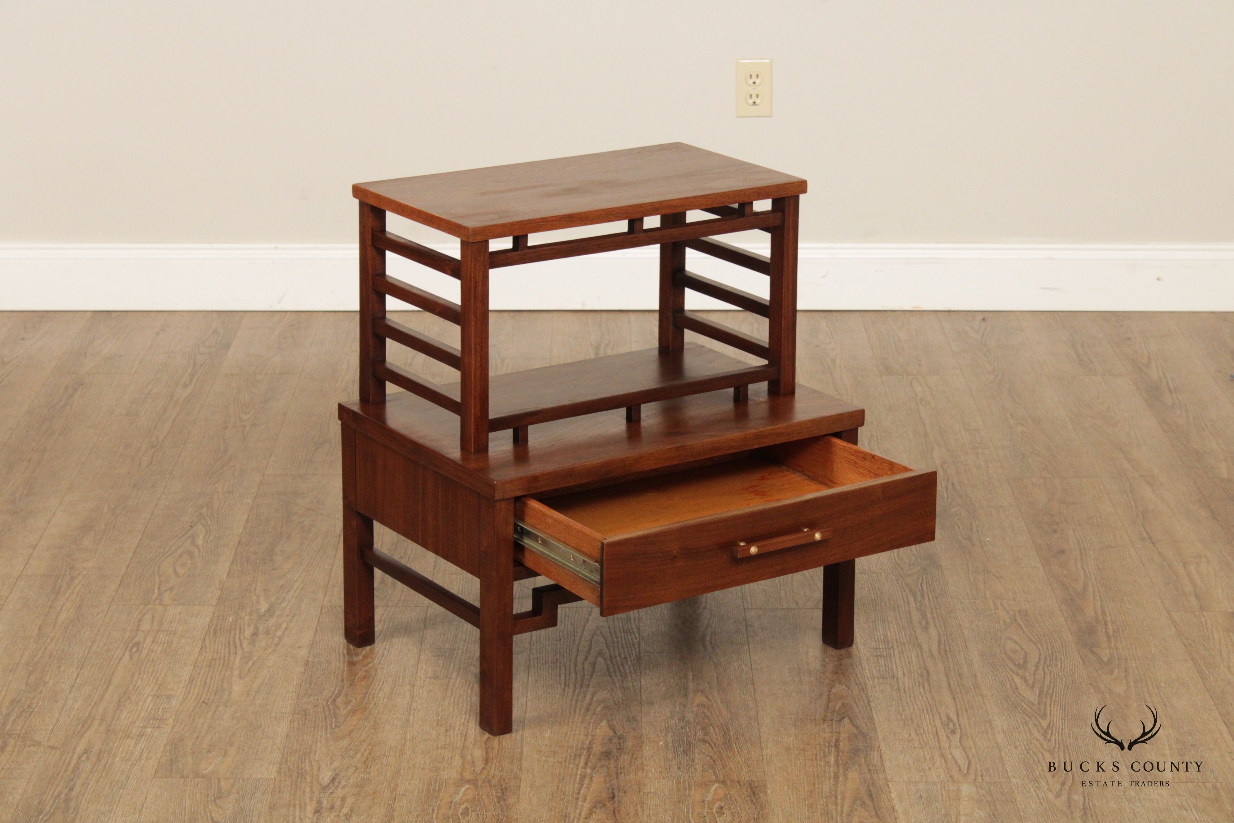 Mid Century Modern Vintage Walnut Asian Inspired Pair of Nightstands