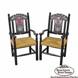 Custom Pair of Hand Painted Mexican Sun Gods Carved Rush Seat Arm Chairs