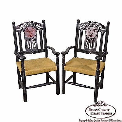 Custom Pair of Hand Painted Mexican Sun Gods Carved Rush Seat Arm Chairs