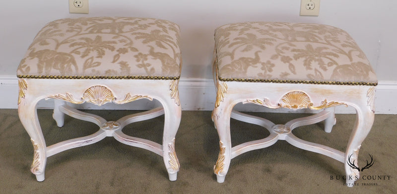 Italian Rococo Style Gilt & Painted Carved Pair Stools