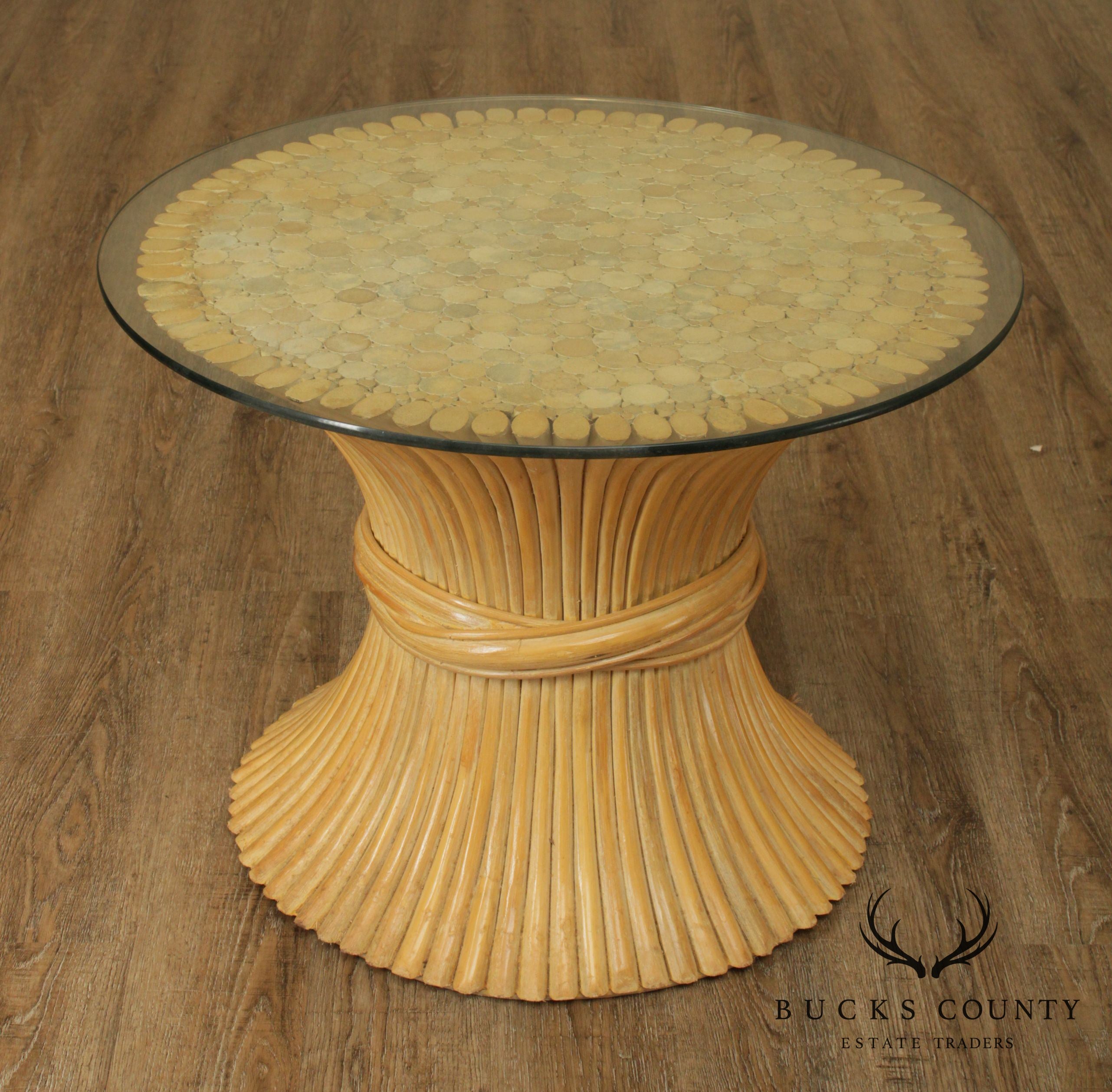 Sheaf of Wheat Vintage Bamboo, Rattan Round Glass Top Side Table