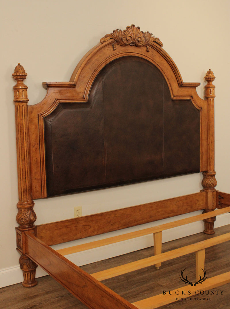 Drexel Heritage Villa Santina Baroque Style King Size Bed, Brown Leather