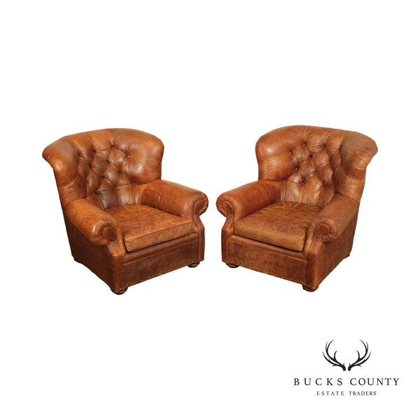 Quality Pair of Tufted Brown Leather Lounge Chairs