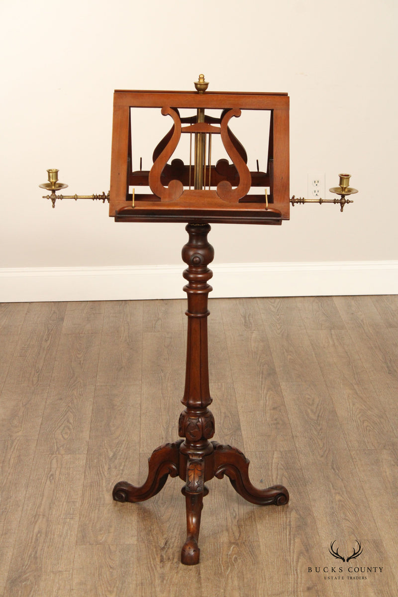 ANTIQUE 19TH CENTURY MAHOGANY MUSIC STAND WITH CANDLE SCONCES