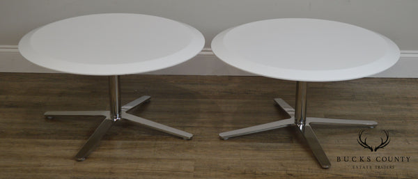 Cumberland Mid-Century Modern Style pair Chrome Pedestal Base Round White Tables