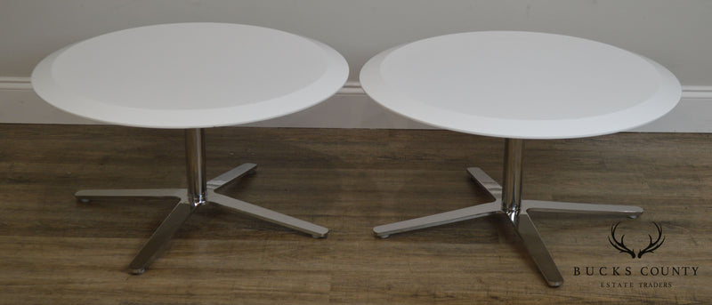 Cumberland Mid-Century Modern Style pair Chrome Pedestal Base Round White Tables