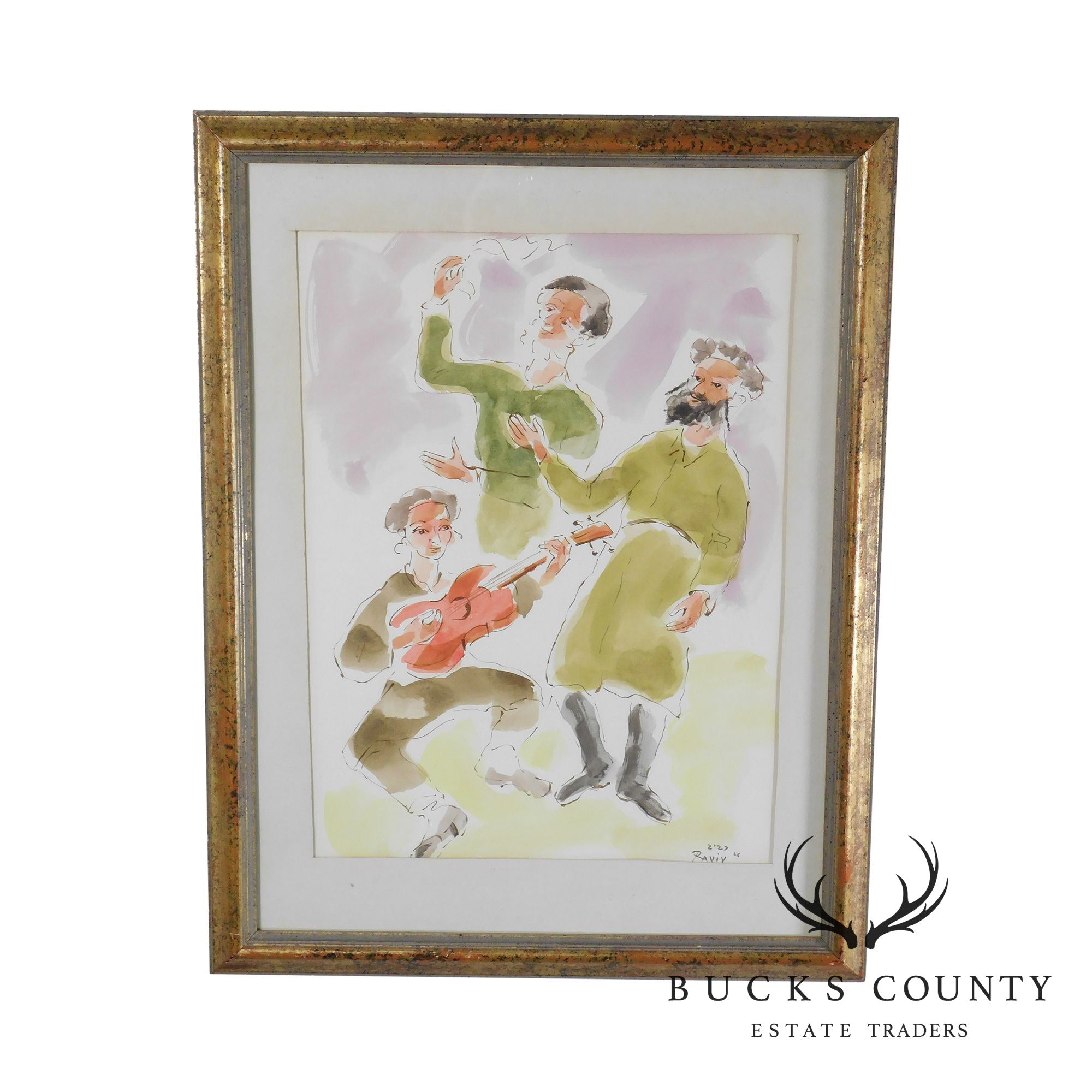 Moshe Raviv "Dancing Hasidim" Original Watercolor on Paper Signed