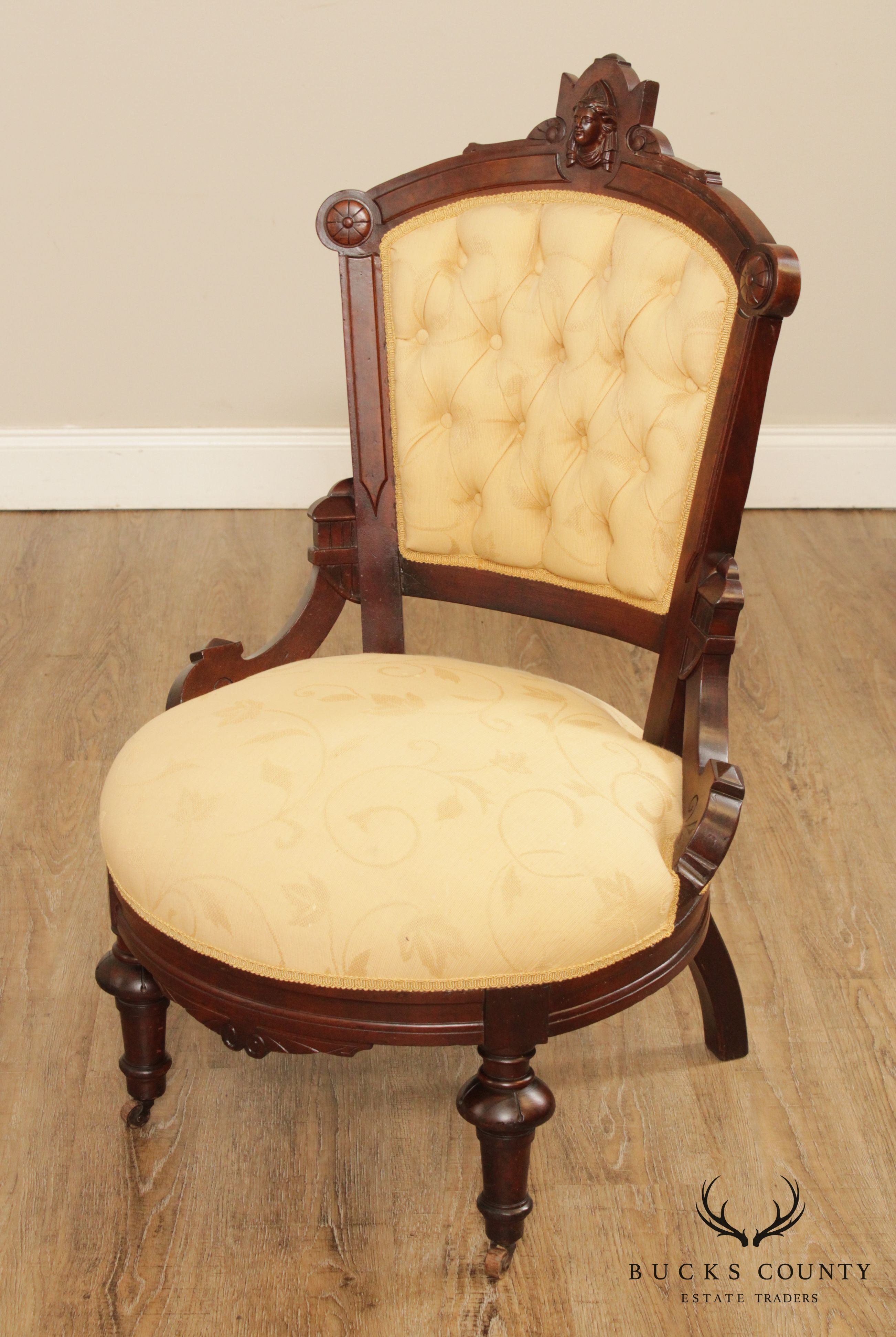 Antique Victorian His & Hers Pair Walnut Armchairs