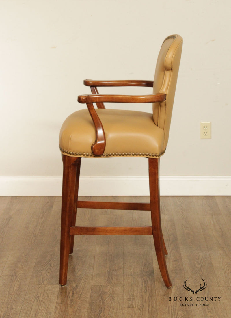 Century Furniture Set of Four Wood and Tan Leather Bar Stools