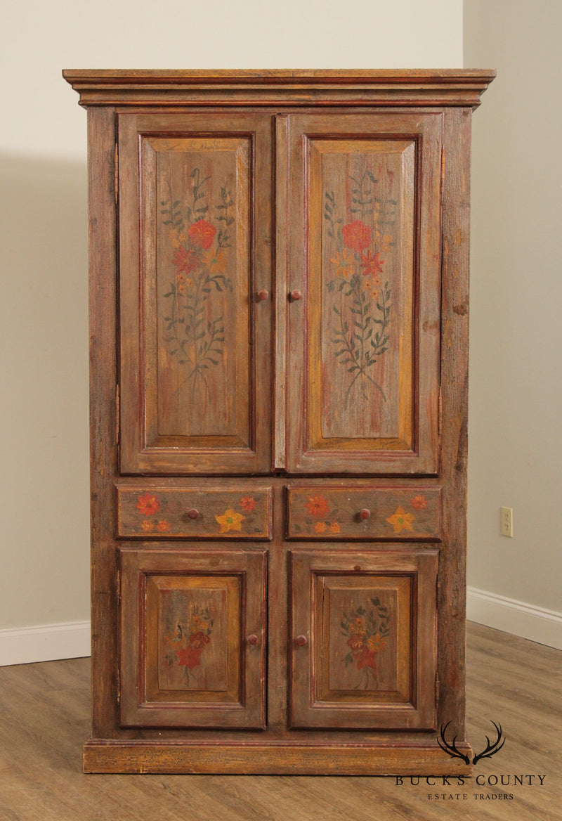Custom Folk Art Hand Painted Pine TV Armoire Cabinet