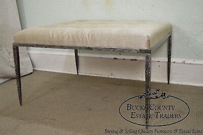 Custom Wrought Iron Large Square Tufted Upholstered Ottoman