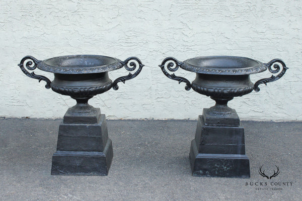 Neoclassical Style Pair of Cast Iron Outdoor Garden Urns