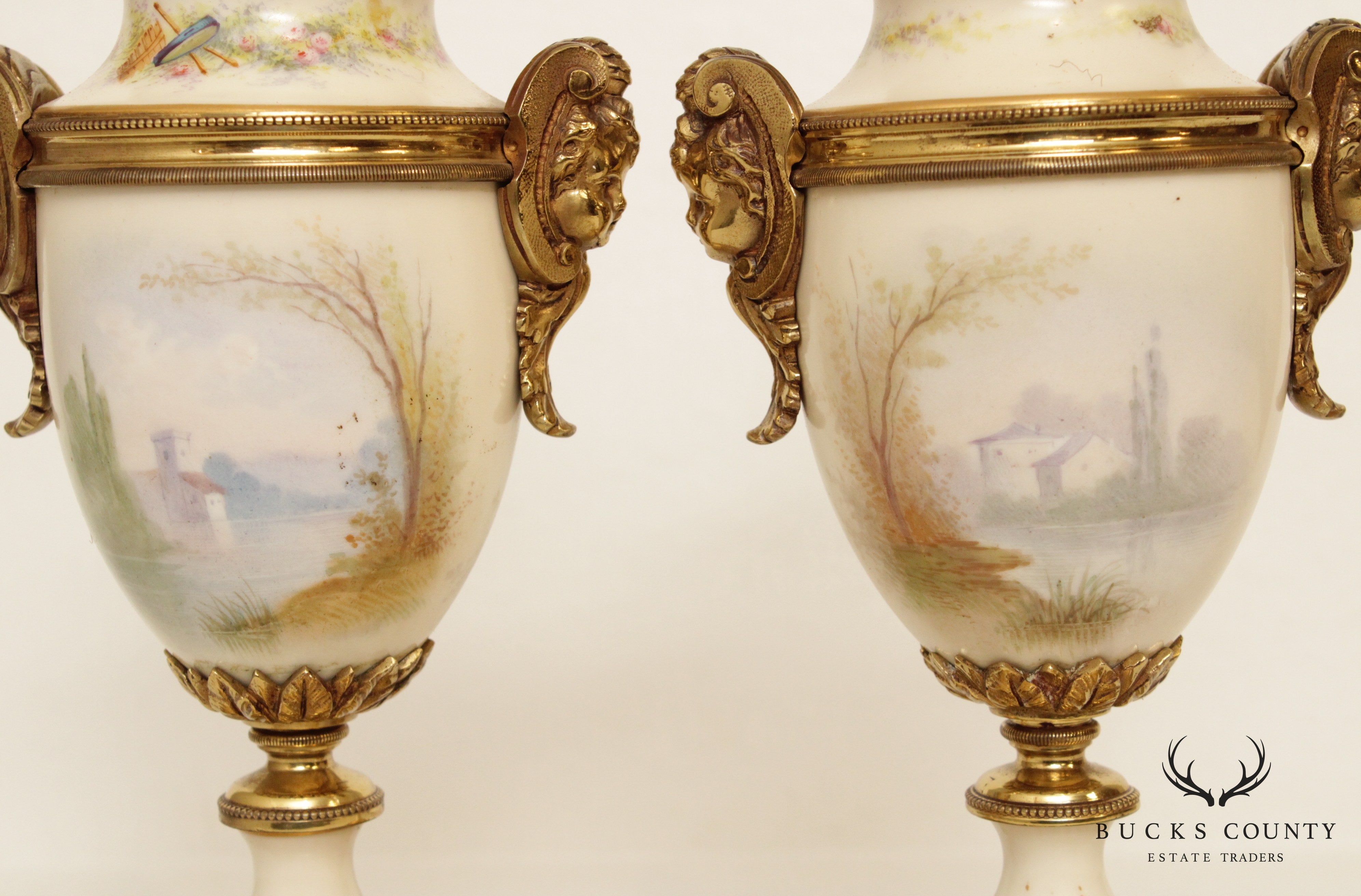 Antique French Sevres Style Porcelain & Brass Urns