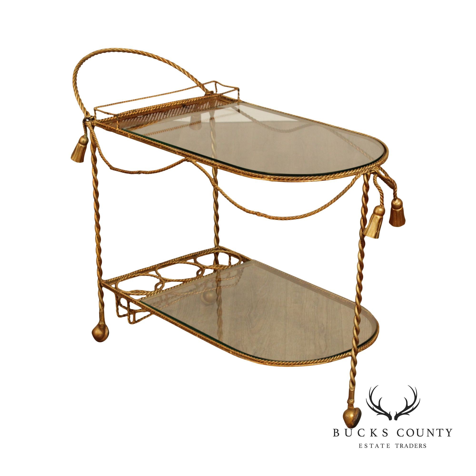 Italian Hollywood Regency Gilt Metal Tassel Bar Cart