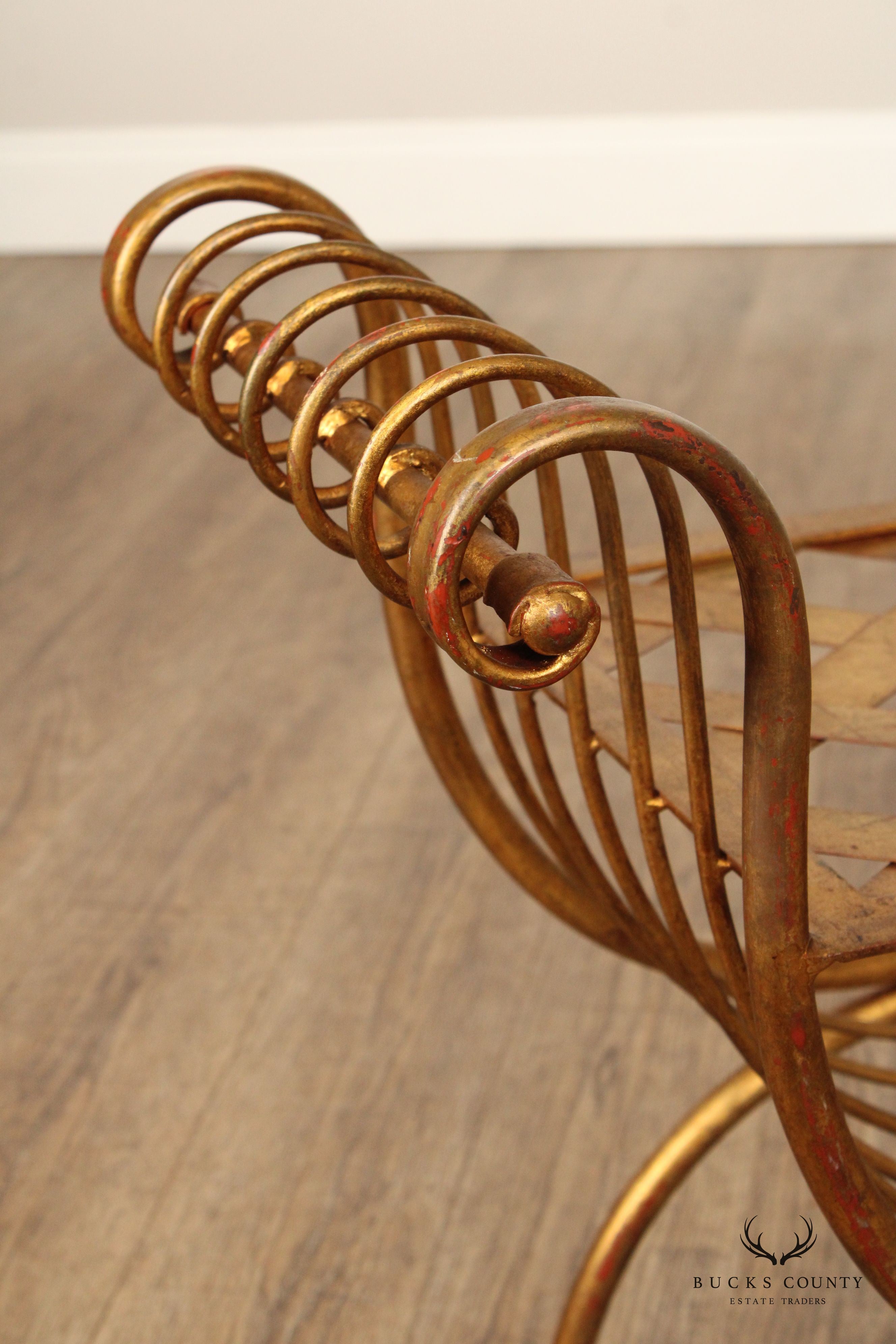 Italian Hollywood Regency Gilt Metal Scroll Arm Bench