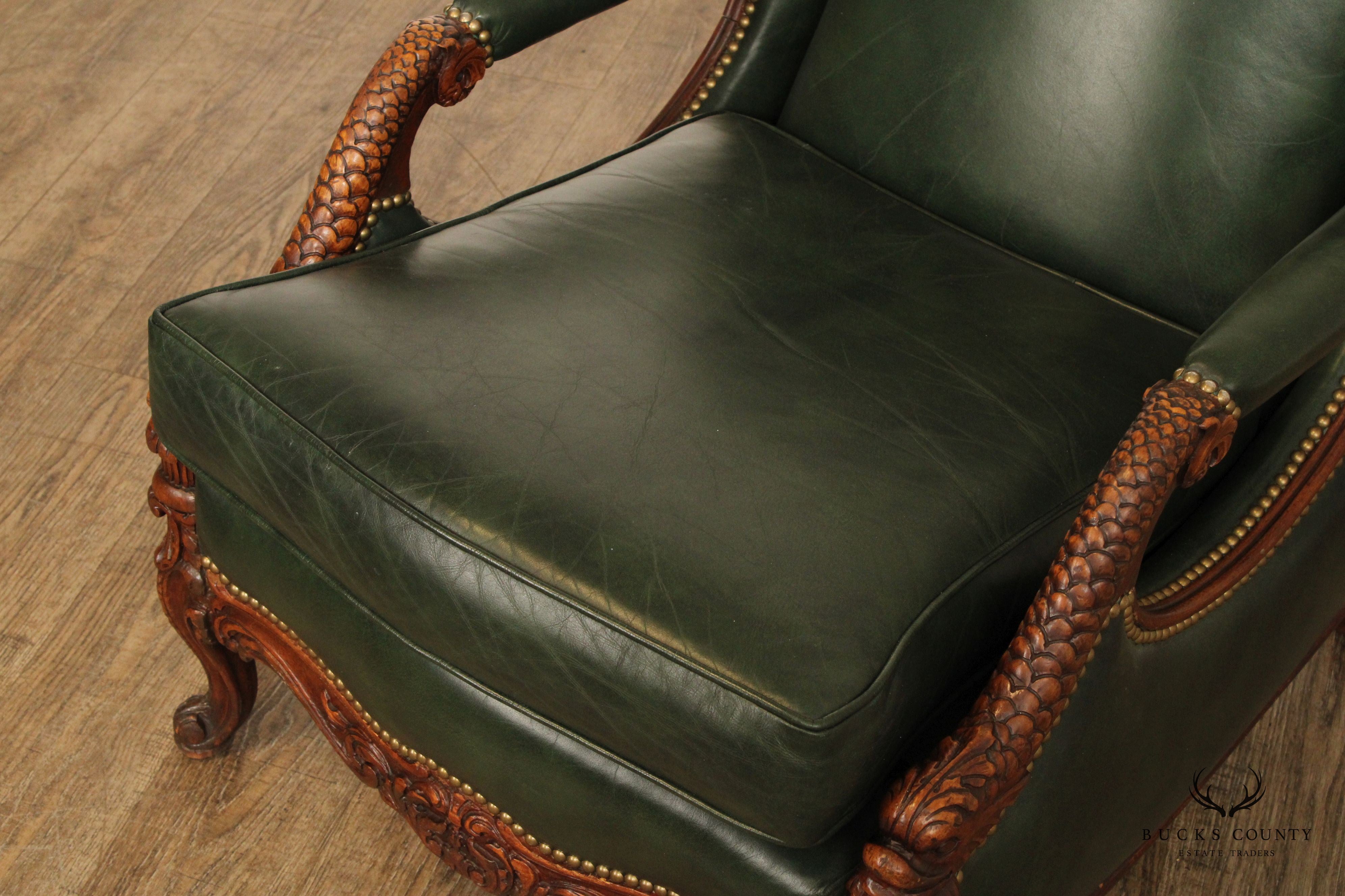 1930's French Regency Style Carved Mahogany and Leather Lounge Chair