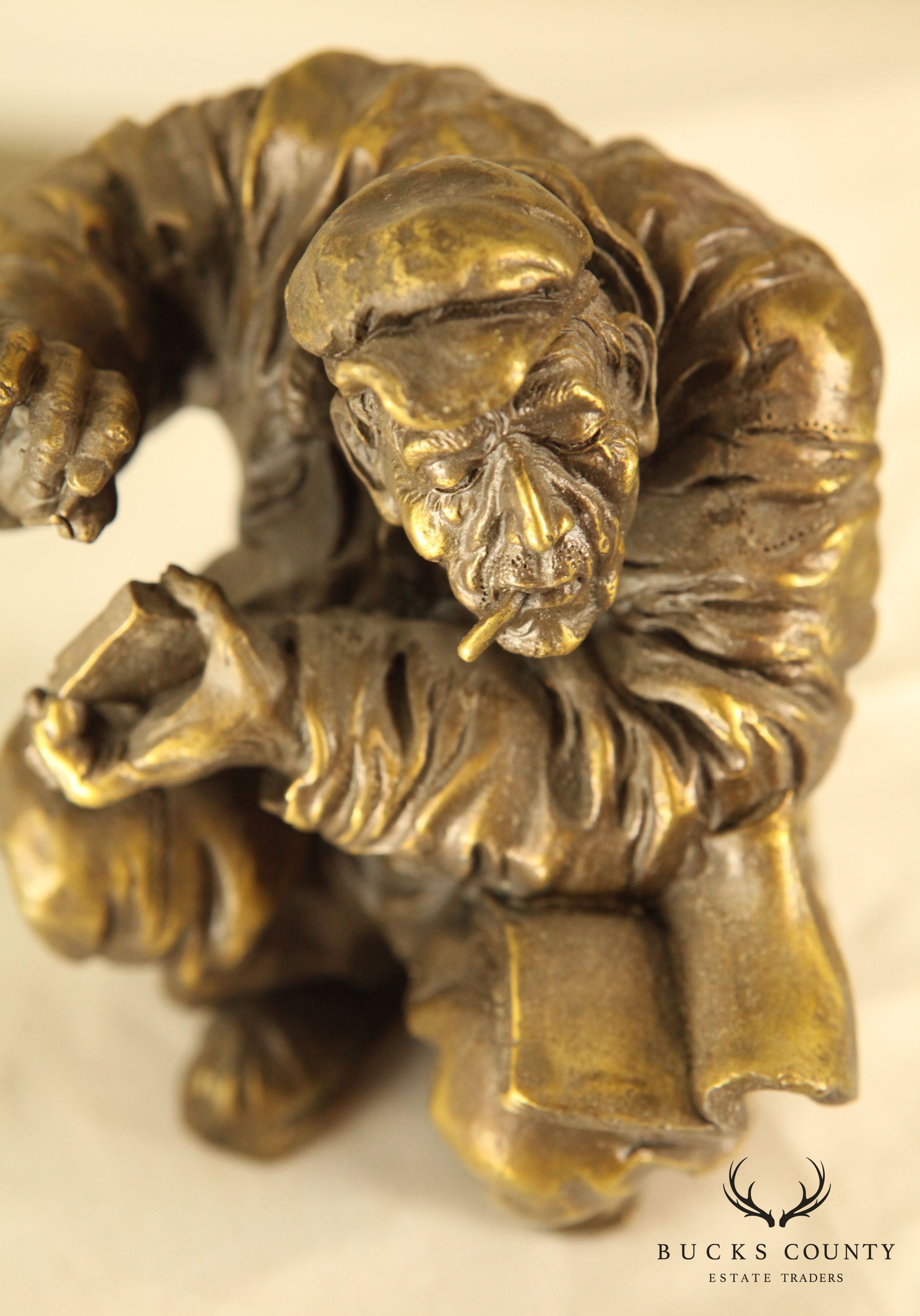 Atlie Bronze Figure of an Old Man Reading, Striking Match for Cigarette